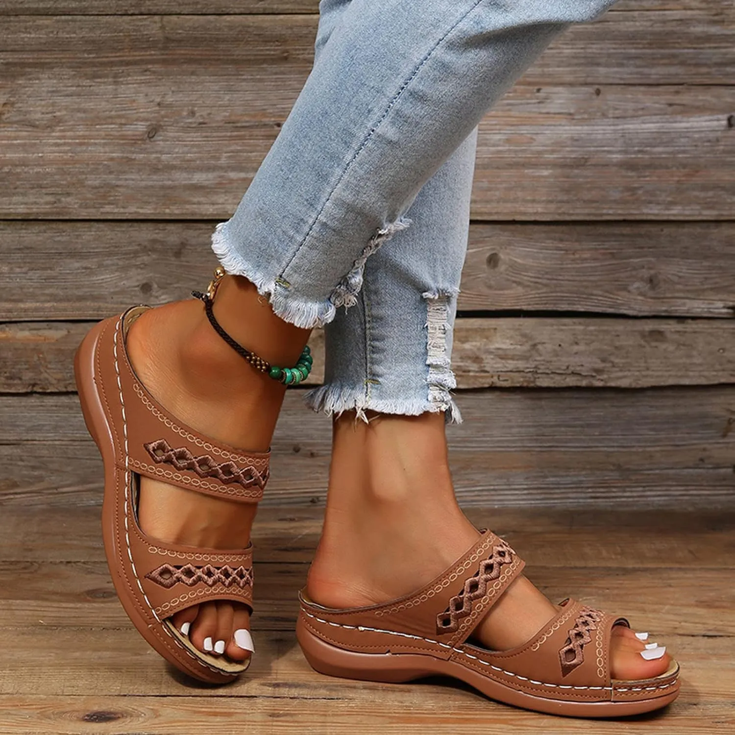 Dheva-C Orthopedic Sandals for Women Slip on, Women Walking Slippers Open Toe Hollow Out Sandals with Arch Support Anti-Slip Comfortable Fashion Sandals (Brown, 9.5)