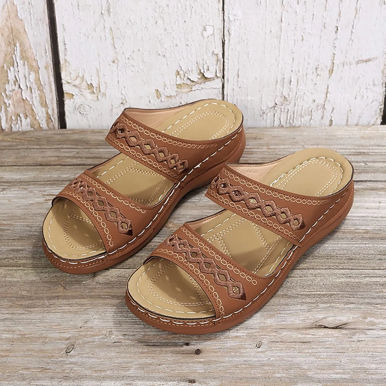 Dheva-C Orthopedic Sandals for Women Slip on, Women Walking Slippers Open Toe Hollow Out Sandals with Arch Support Anti-Slip Comfortable Fashion Sandals (Brown, 9.5)