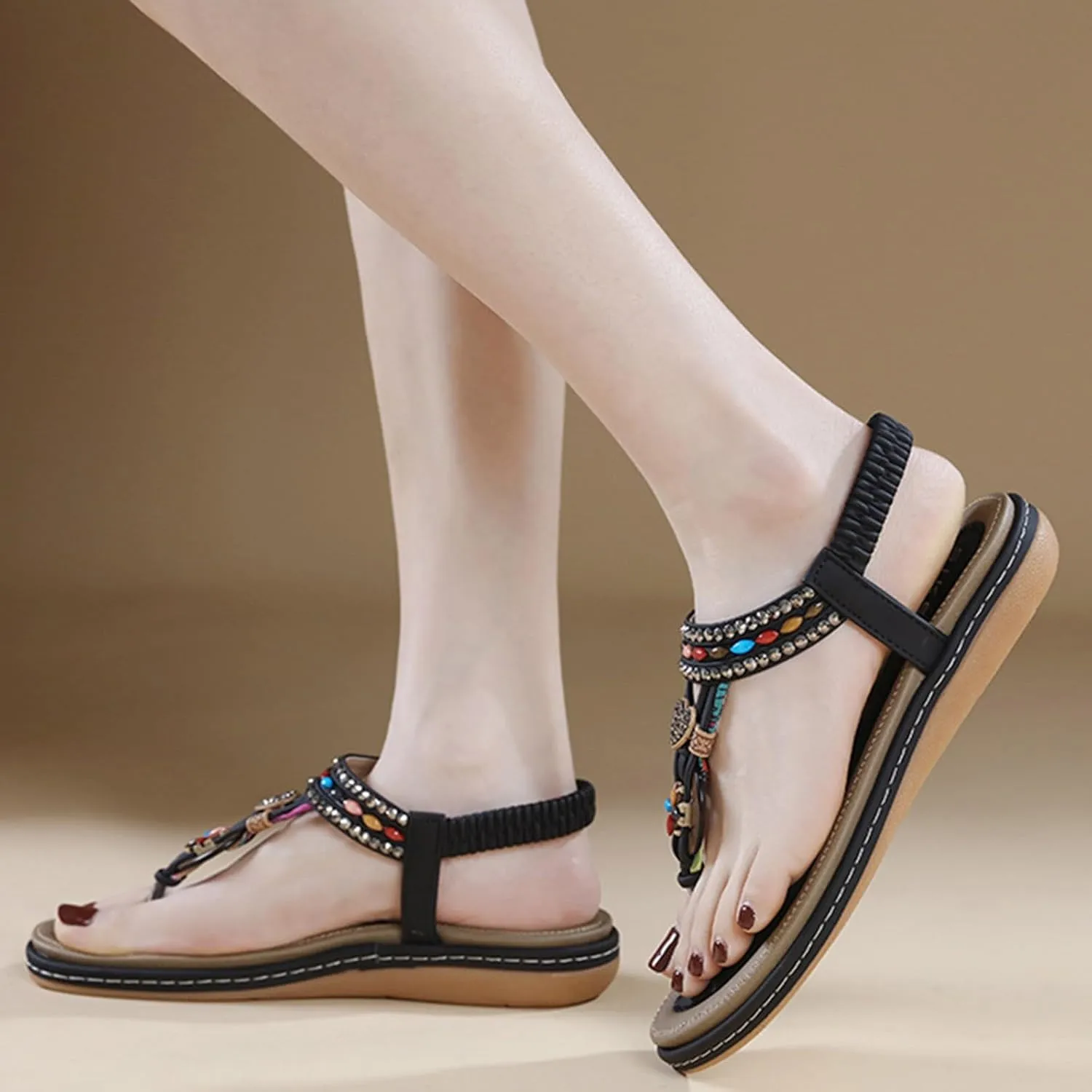 Dheva-C Orthopedic Sandals Women Flat Dressy Sandal Summer Comfortable Slip-on Casual Beach Shoes Dress Bohemian Ankle Elastic Flat Sandals Dressy Summer