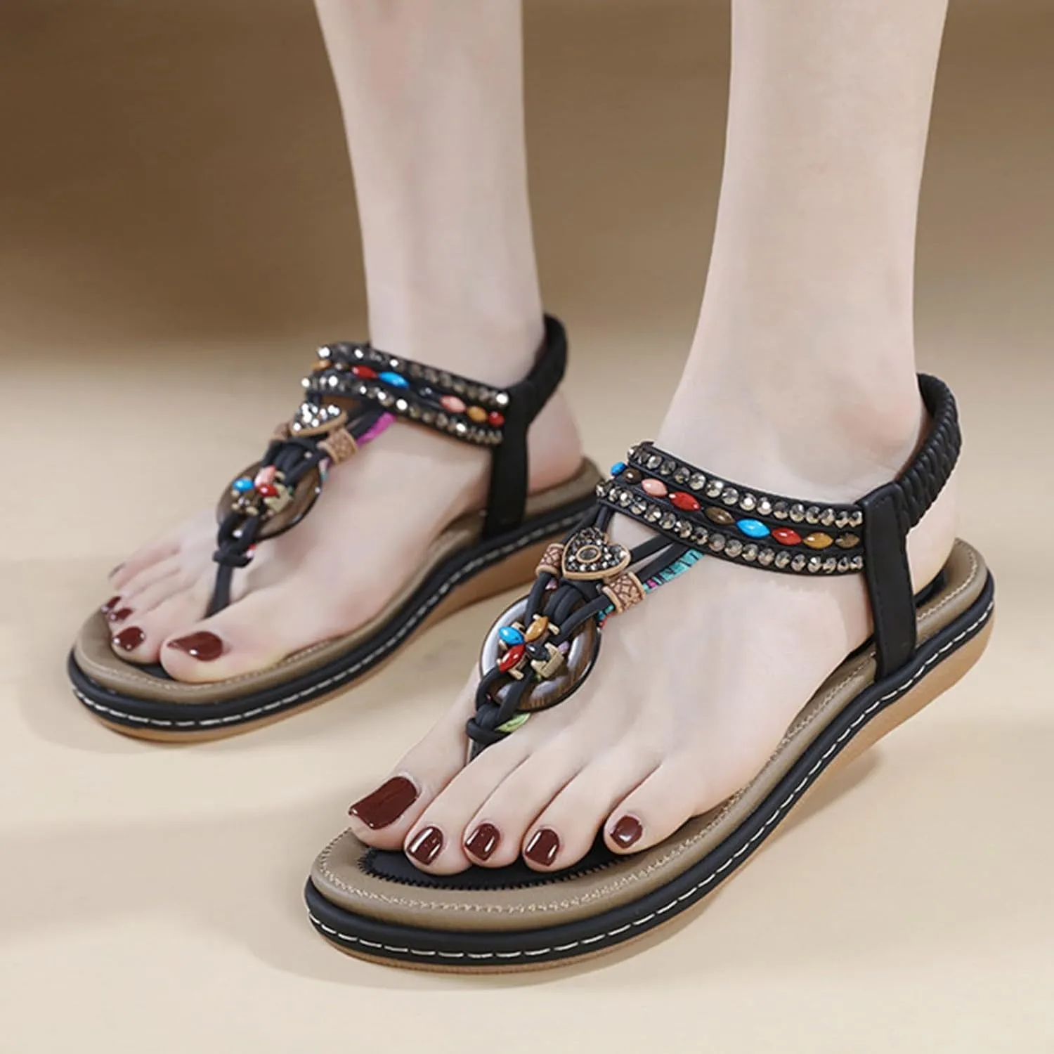 Dheva-C Orthopedic Sandals Women Flat Dressy Sandal Summer Comfortable Slip-on Casual Beach Shoes Dress Bohemian Ankle Elastic Flat Sandals Dressy Summer