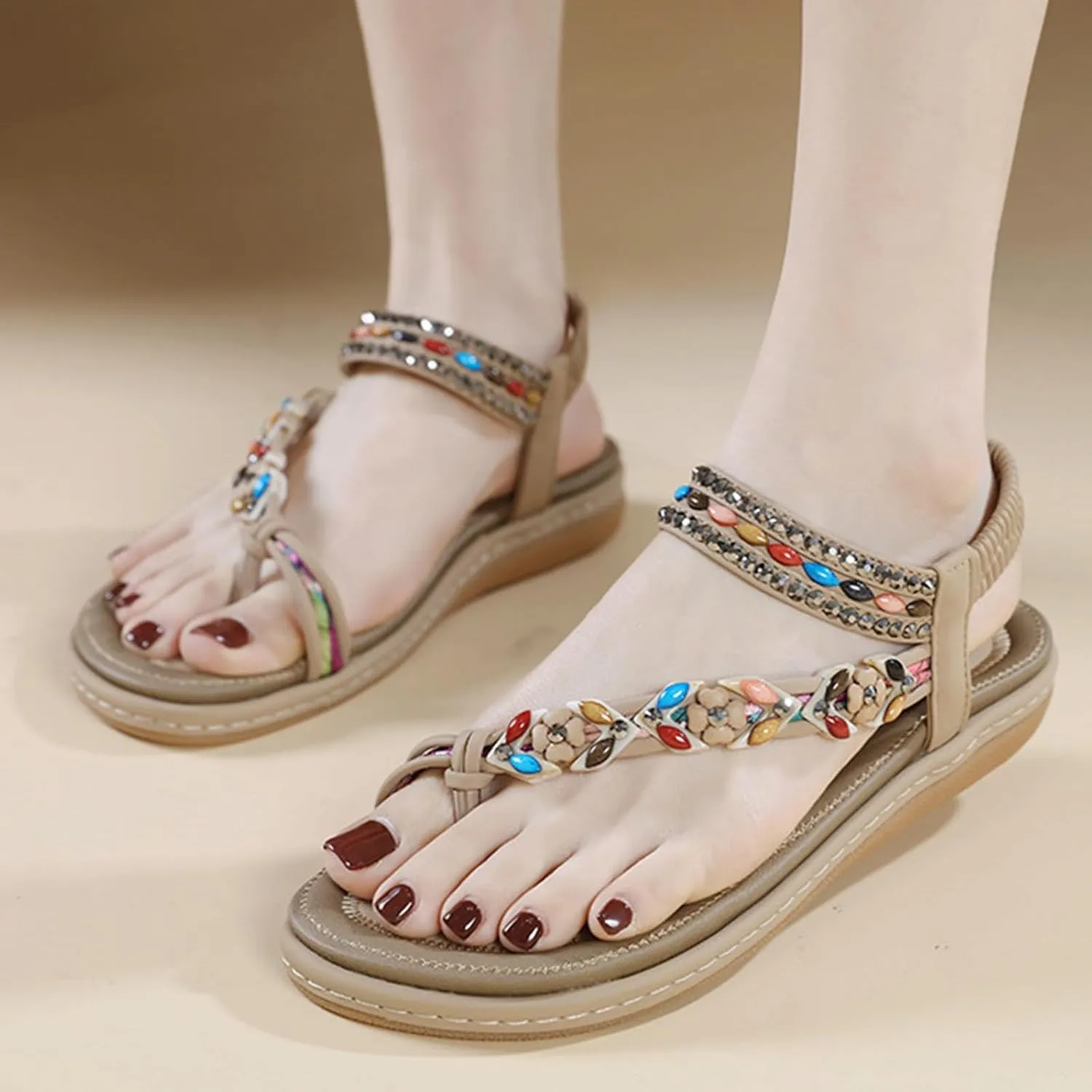 Dheva-C Orthopedic Sandals Women Flat Dressy Sandal Summer Comfortable Slip-on Casual Beach Shoes Dress Bohemian Ankle Elastic Flat Sandals Dressy Summer