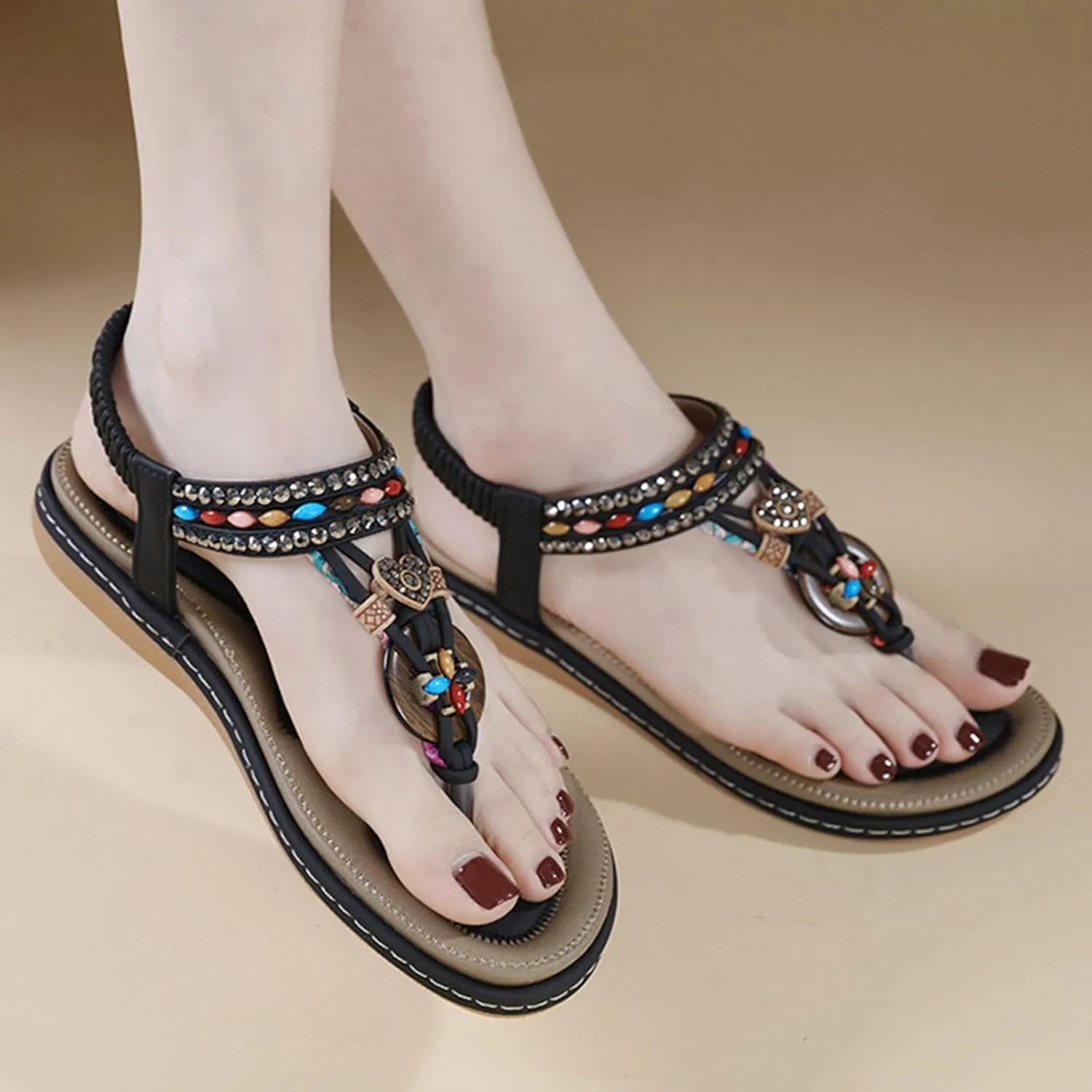 Dheva-C Orthopedic Sandals Women Flat Dressy Sandal Summer Comfortable Slip-on Casual Beach Shoes Dress Bohemian Ankle Elastic Flat Sandals Dressy Summer