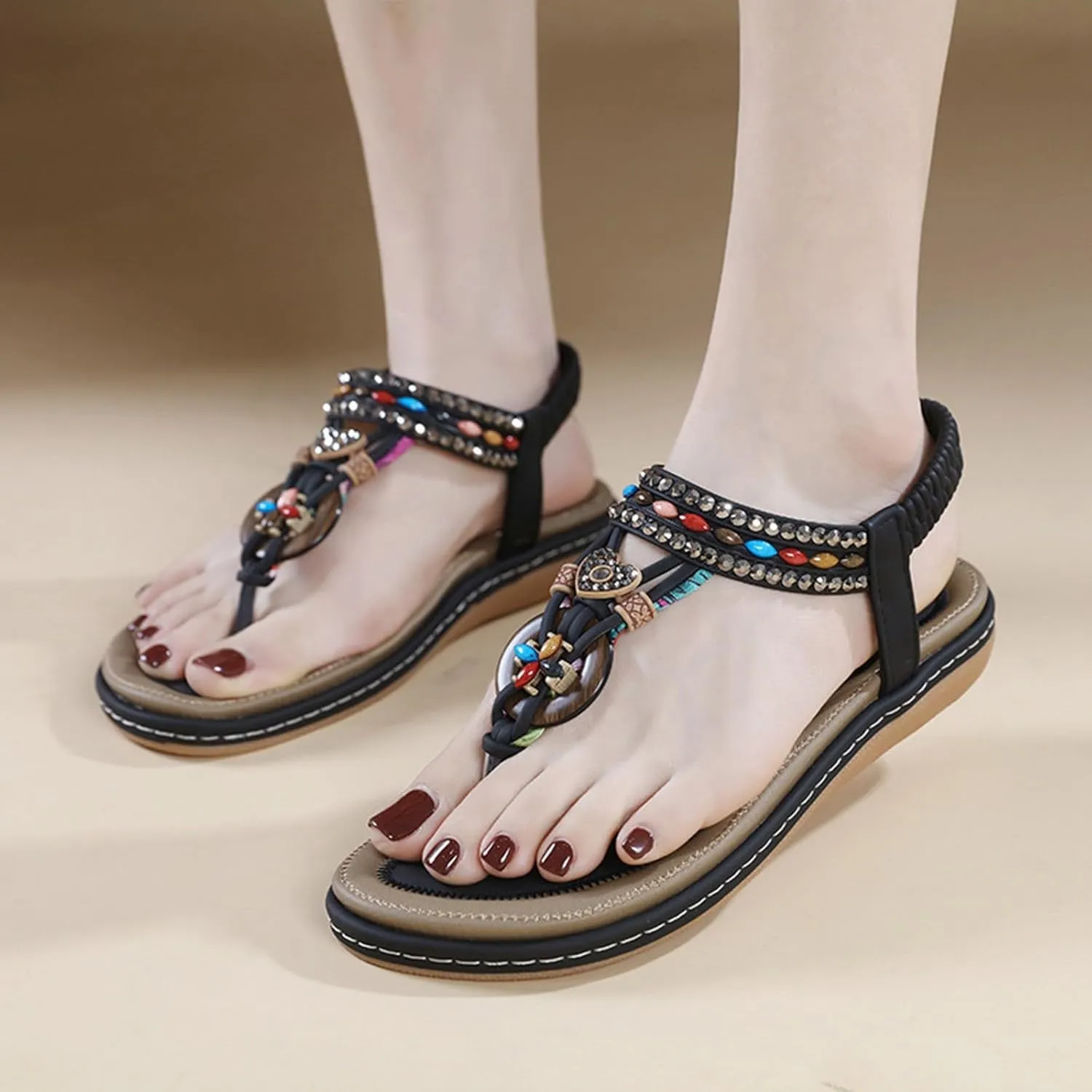Dheva-C Orthopedic Sandals Women Flat Dressy Sandal Summer Comfortable Slip-on Casual Beach Shoes Dress Bohemian Ankle Elastic Flat Sandals Dressy Summer