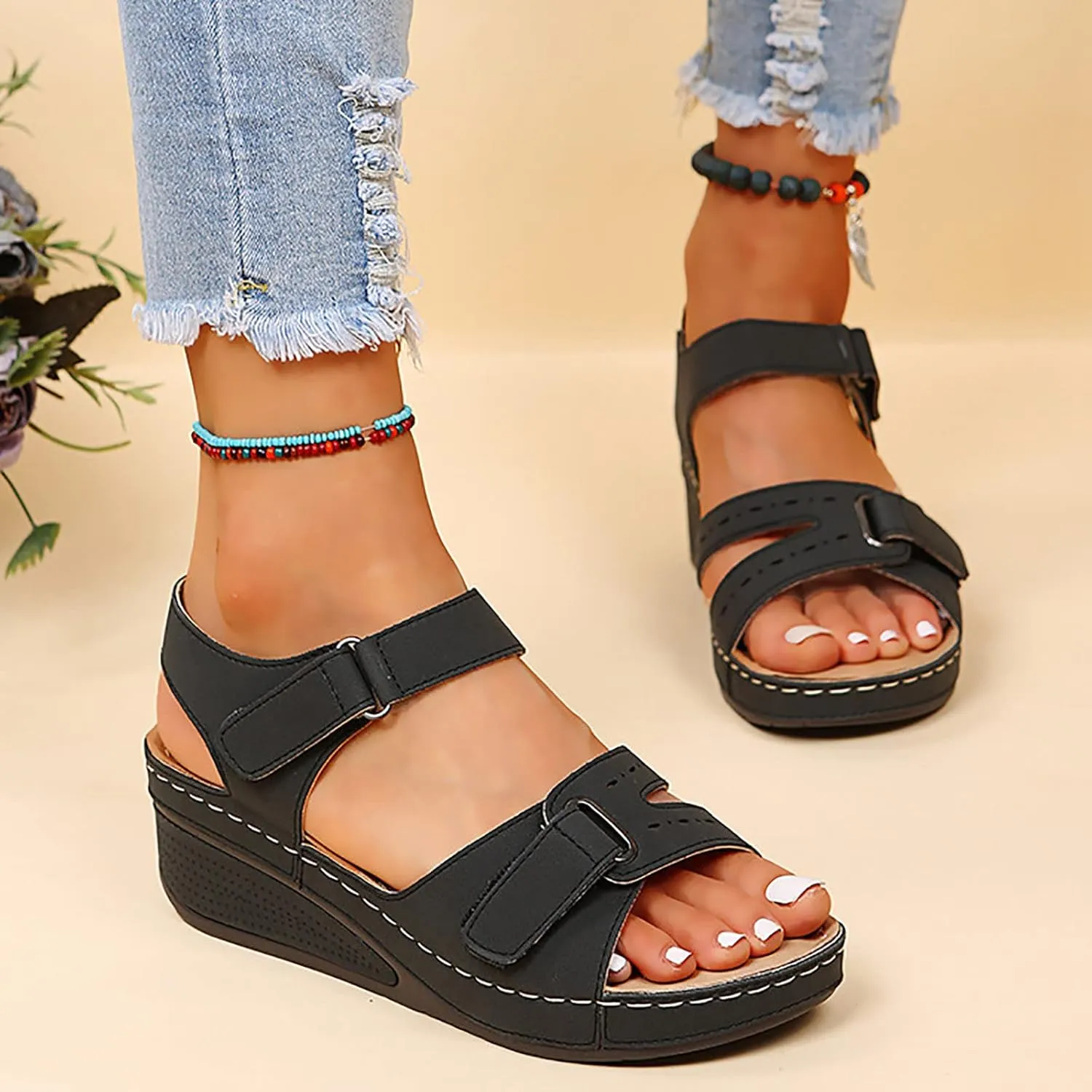 Dheva-C Orthopedic Wedge Sandals for Women Summer Dressy 2024 Open Toe Ankle Strap Platform Slip on Sandals Casual Strappy Low Wedges Sandals Beach Sandals Dress Shoes Comfortable Outdoor Shoes