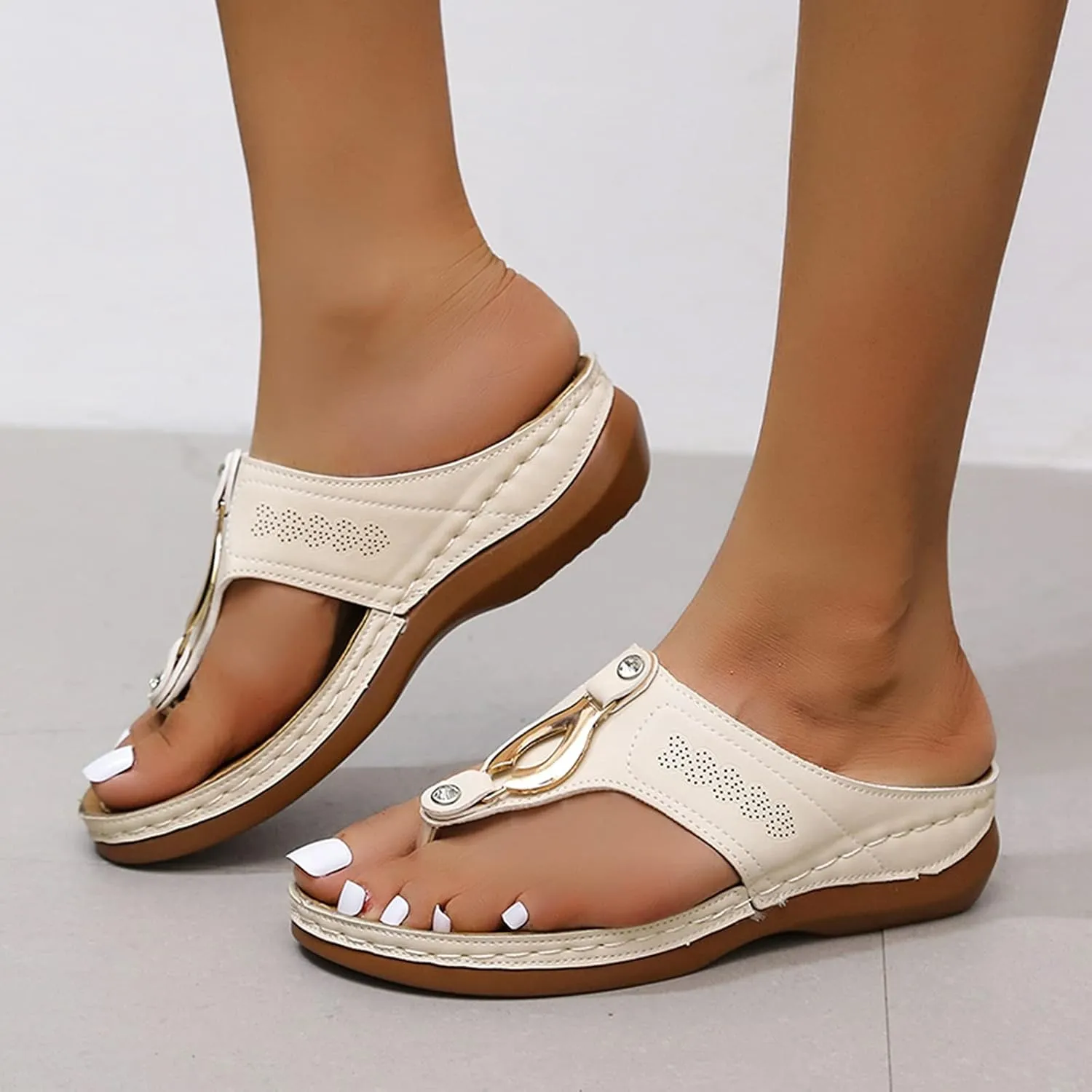 Dheva-C Orthopedic Wedge Sandals for Women, Women Walking Slippers with Arch Support Anti-Slip Breathable Sandal Slip On Flip Flops Open Toe Beach Dress Comfortable Outdoor Shoes (a-Beige, 9)