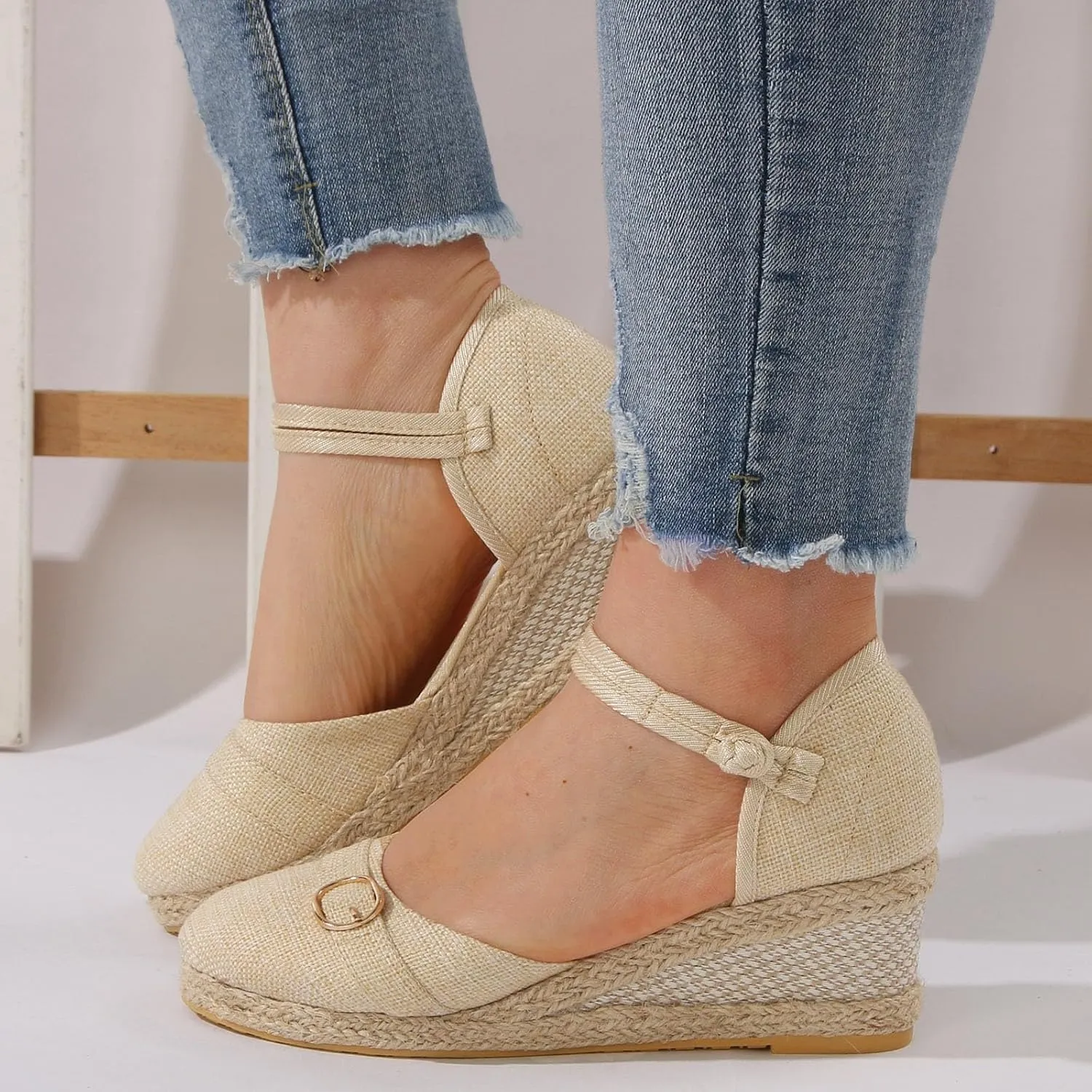 Dheva-C Women's Orthopedic Sandals for Women Arch Support Women's Ankle Strap Closed Toe Espadrille Sandals Platform Wedge Heels Sandals Summer Spring Shoes Retro Breathable Casual Ladies Shoes