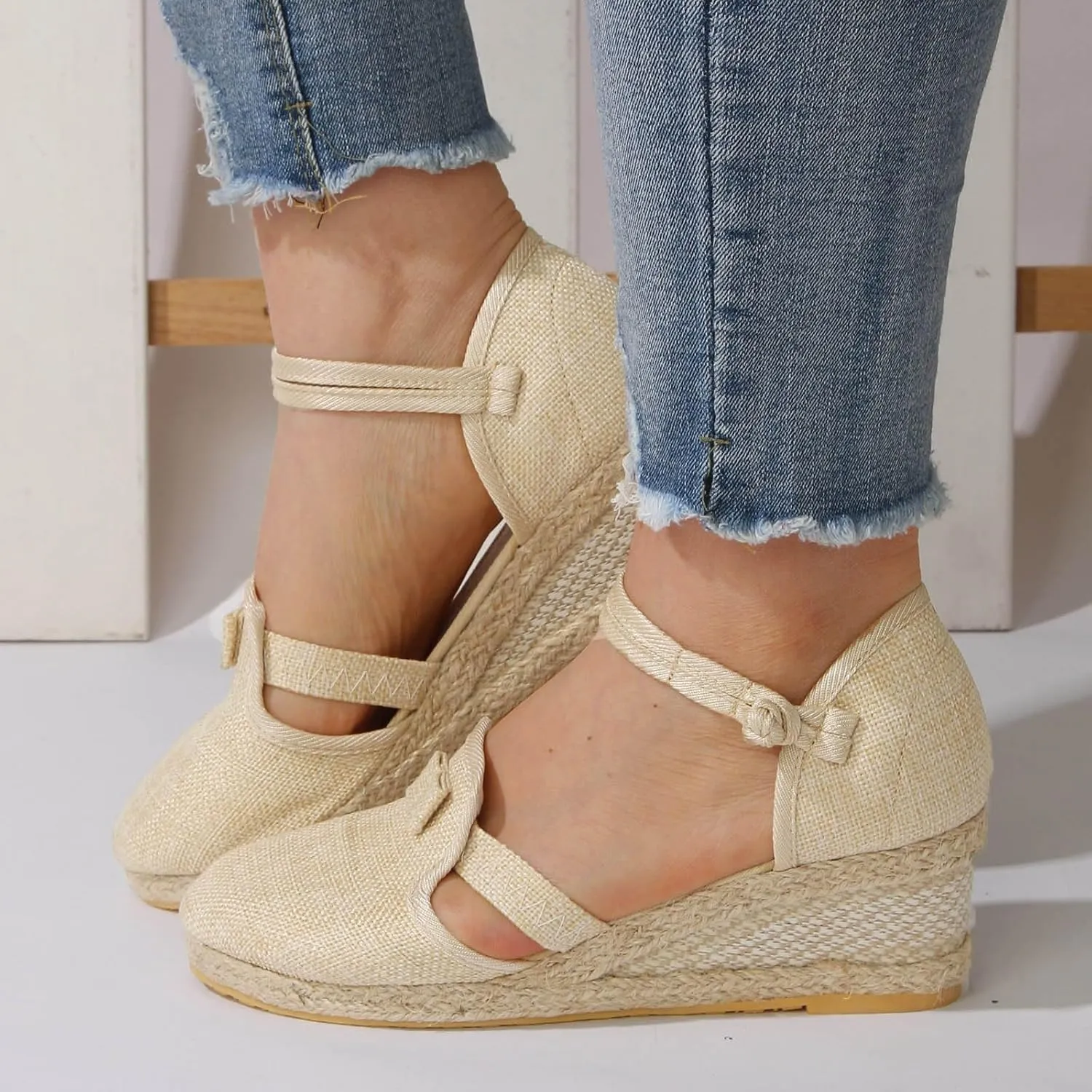 Dheva-C Women's Orthopedic Sandals for Women Arch Support Women's Ankle Strap Closed Toe Espadrille Sandals Platform Wedge Heels Sandals Summer Spring Shoes Retro Breathable Casual Ladies Shoes