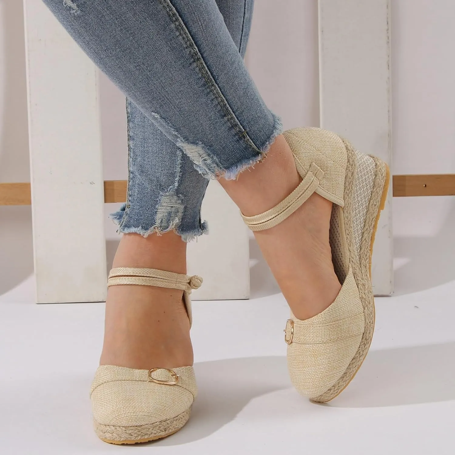 Dheva-C Women's Orthopedic Sandals for Women Arch Support Women's Ankle Strap Closed Toe Espadrille Sandals Platform Wedge Heels Sandals Summer Spring Shoes Retro Breathable Casual Ladies Shoes