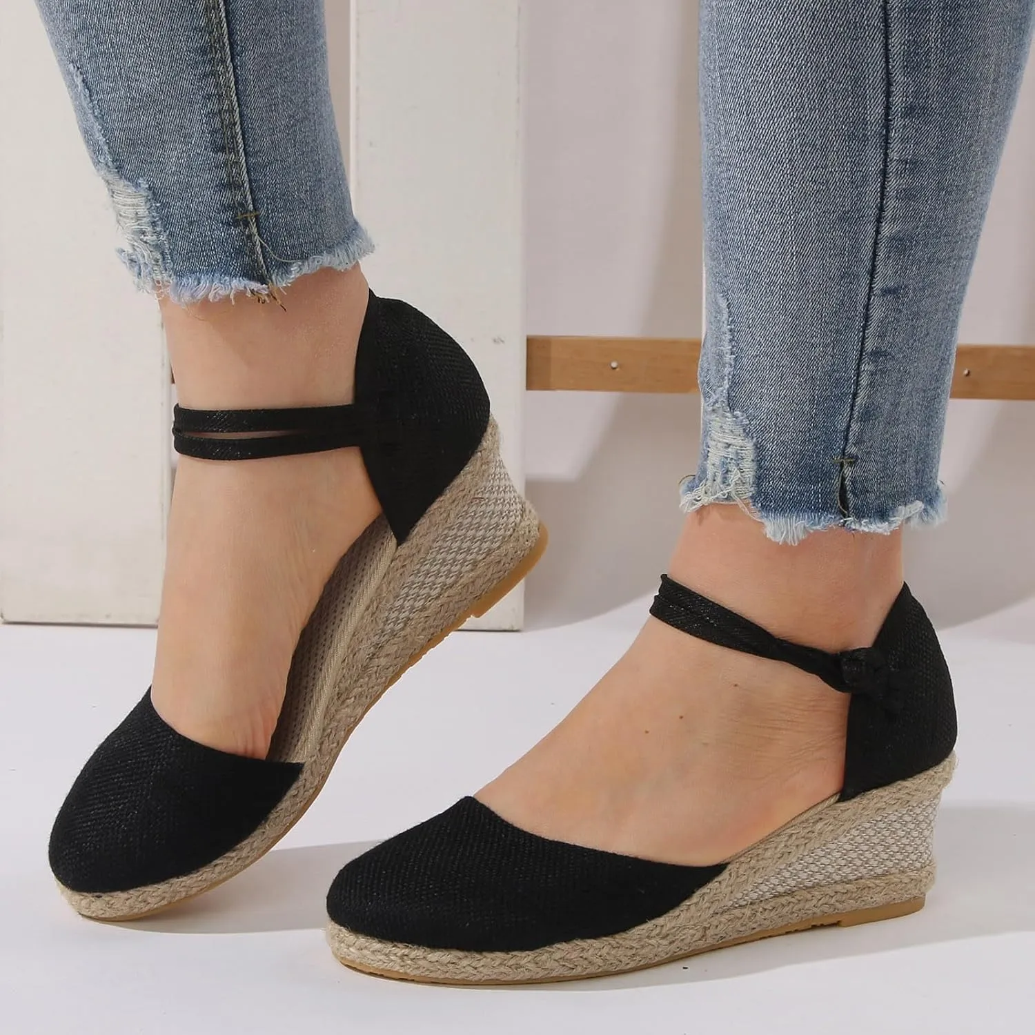 Dheva-C Women's Orthopedic Sandals for Women Arch Support Women's Ankle Strap Closed Toe Espadrille Sandals Platform Wedge Heels Sandals Summer Spring Shoes Retro Breathable Casual Ladies Shoes