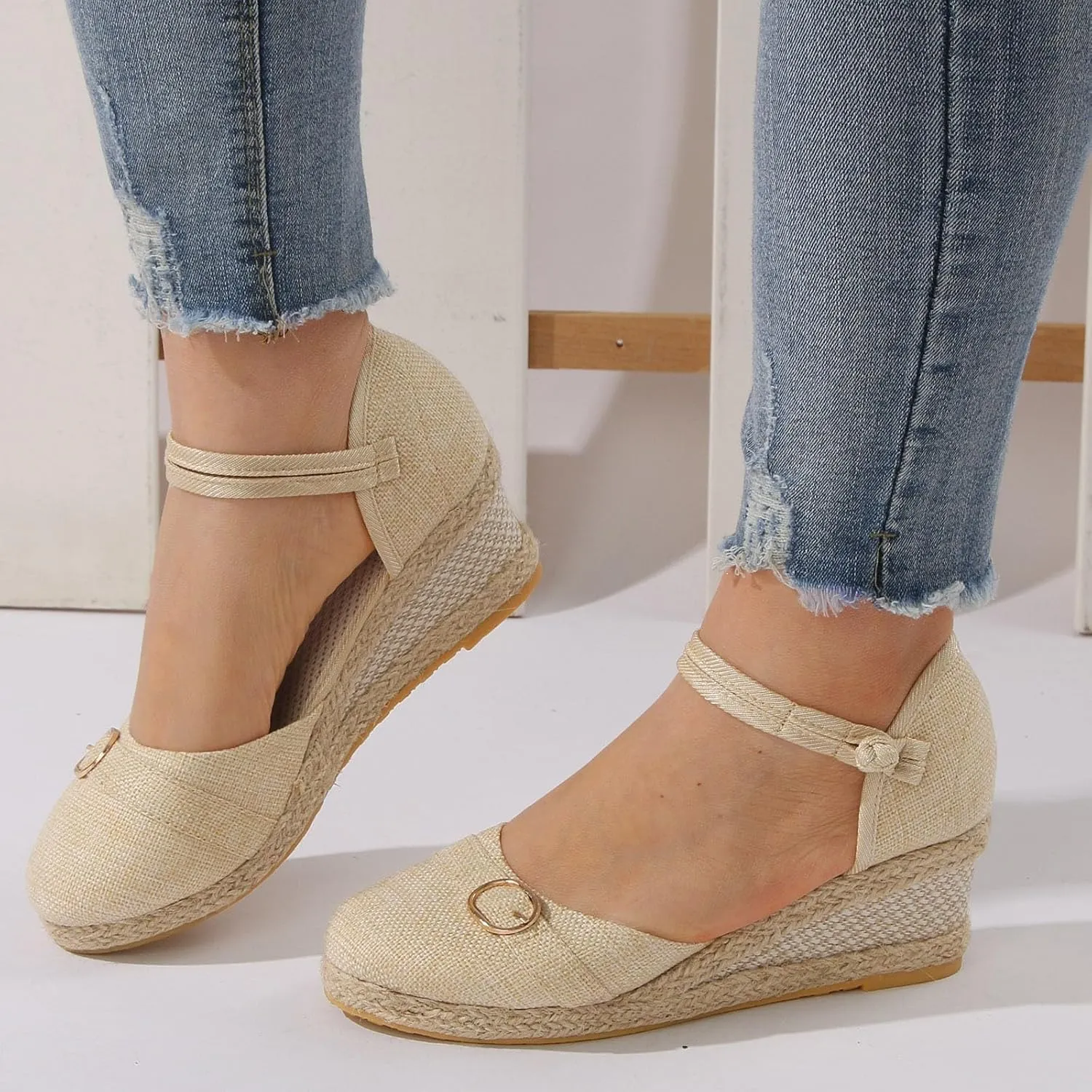 Dheva-C Women's Orthopedic Sandals for Women Arch Support Women's Ankle Strap Closed Toe Espadrille Sandals Platform Wedge Heels Sandals Summer Spring Shoes Retro Breathable Casual Ladies Shoes