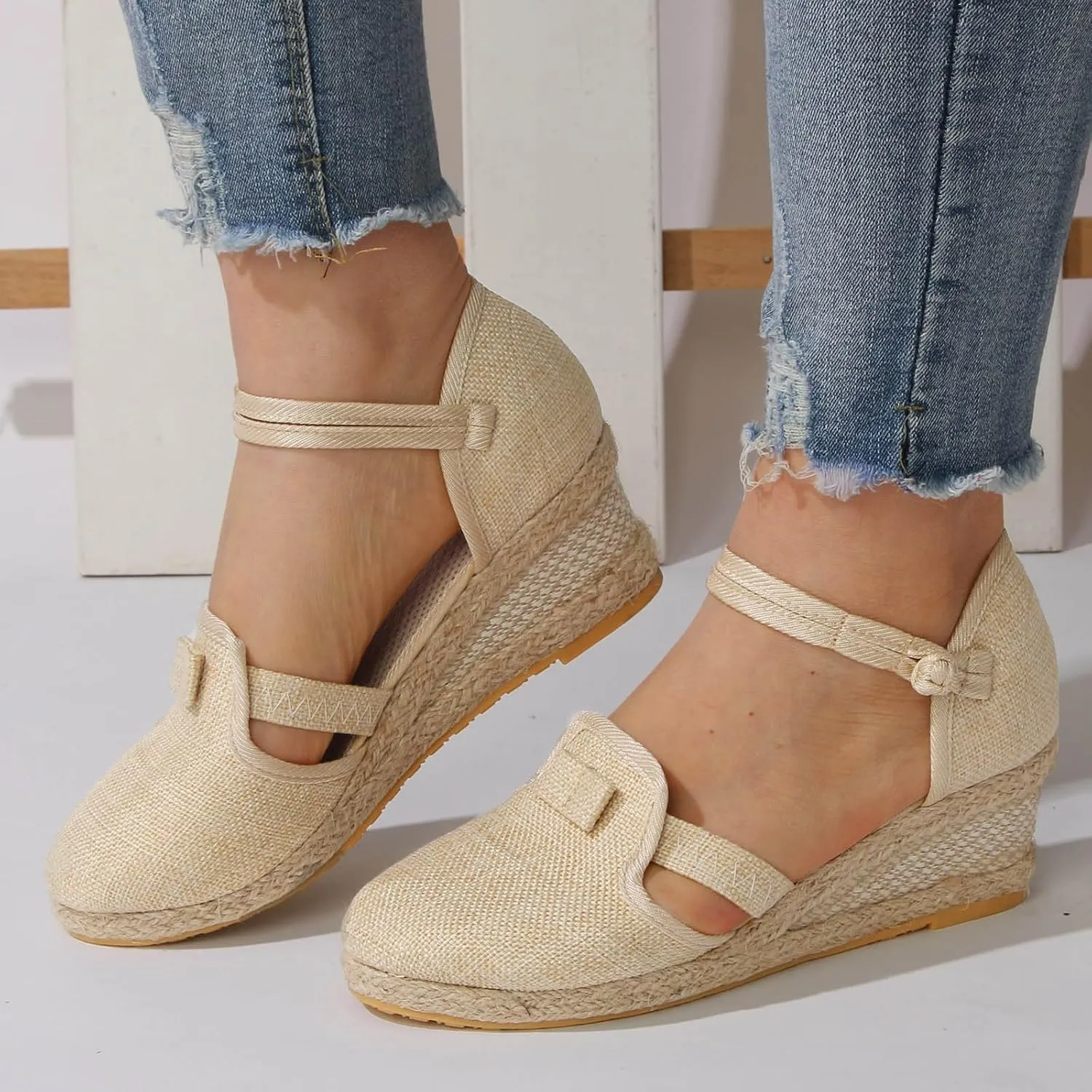 Dheva-C Women's Orthopedic Sandals for Women Arch Support Women's Ankle Strap Closed Toe Espadrille Sandals Platform Wedge Heels Sandals Summer Spring Shoes Retro Breathable Casual Ladies Shoes