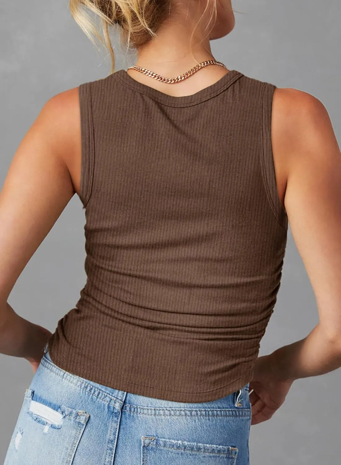 Dokotoo Womens Tank Tops Summer Sleeveless High Neck Ribbed Knit Slim Fitted Blouse Side Ruched Basic Tees Shirts