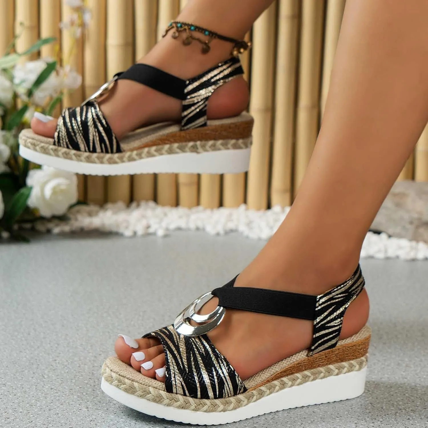 Dress Wedge Sandals for Women Wide Width Low Heel Summer Comfortable Cut-Out Vamp Peep Toe Slingback Wedges Sandal Fishmouth Non-Slip Going Out Beach Work Office Shoes