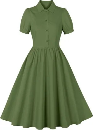 Dresses for Women Plus Size Lapel Collar Flowy Swing Vacation Dress Casual Midi Dress Summer Short Sleeve Retro Dress