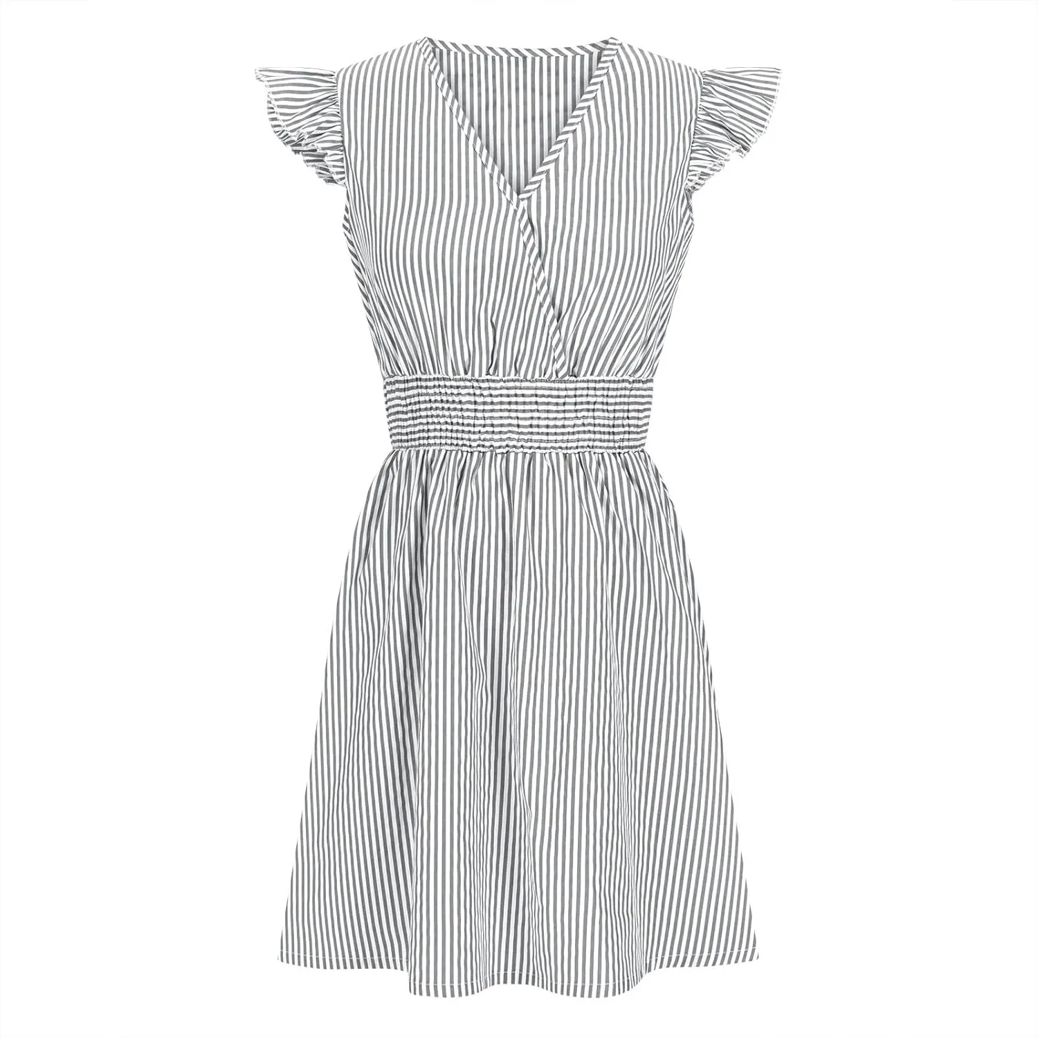 Dresses for Women Summer Loose V Neck Smocked Waist A Line Dress Ruffle Short Sleeve Striped Fashion Short Mini Dress