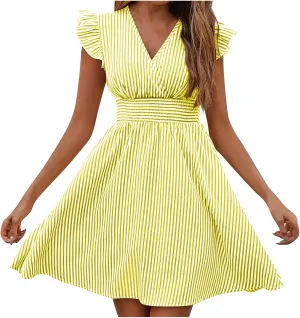Dresses for Women Summer Loose V Neck Smocked Waist A Line Dress Ruffle Short Sleeve Striped Fashion Short Mini Dress