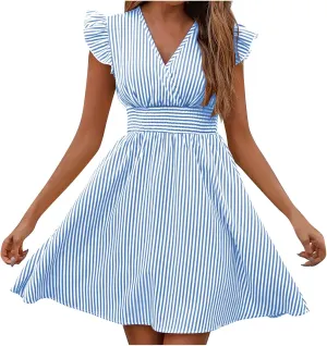 Dresses for Women Summer Loose V Neck Smocked Waist A Line Dress Ruffle Short Sleeve Striped Fashion Short Mini Dress