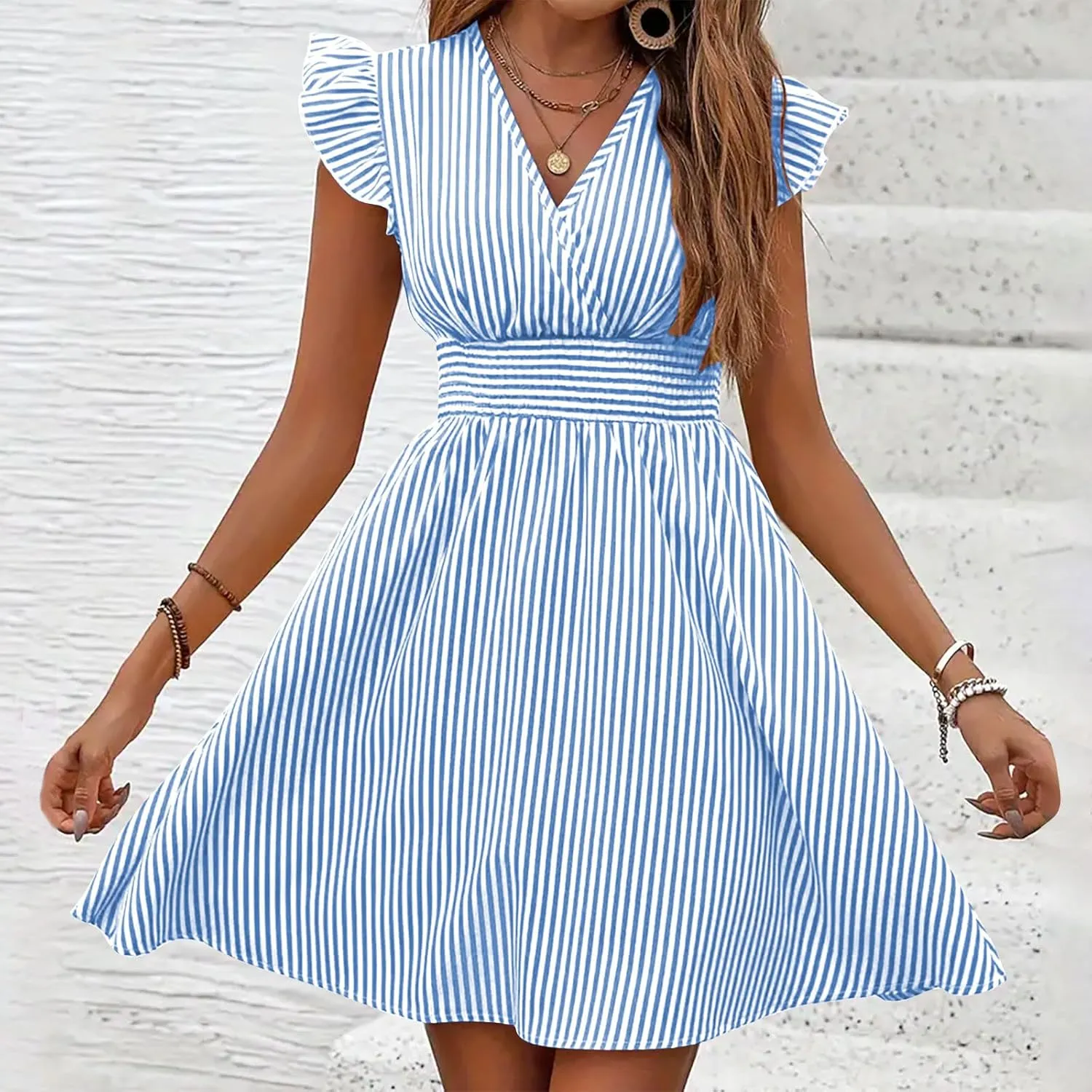 Dresses for Women Summer Loose V Neck Smocked Waist A Line Dress Ruffle Short Sleeve Striped Fashion Short Mini Dress