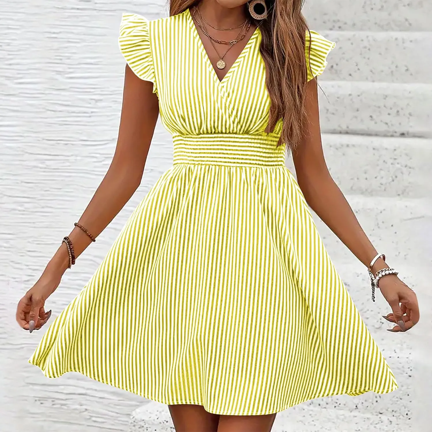 Dresses for Women Summer Loose V Neck Smocked Waist A Line Dress Ruffle Short Sleeve Striped Fashion Short Mini Dress
