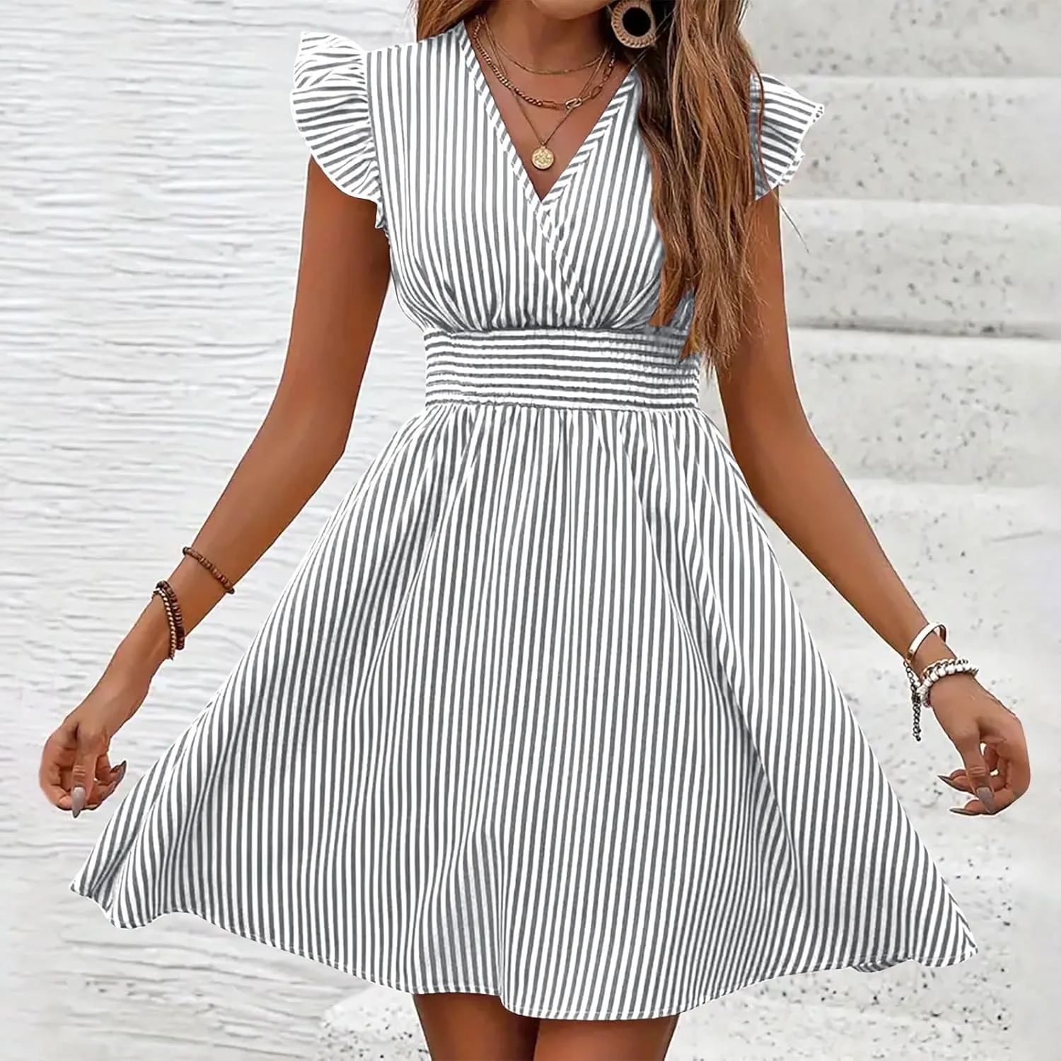 Dresses for Women Summer Loose V Neck Smocked Waist A Line Dress Ruffle Short Sleeve Striped Fashion Short Mini Dress