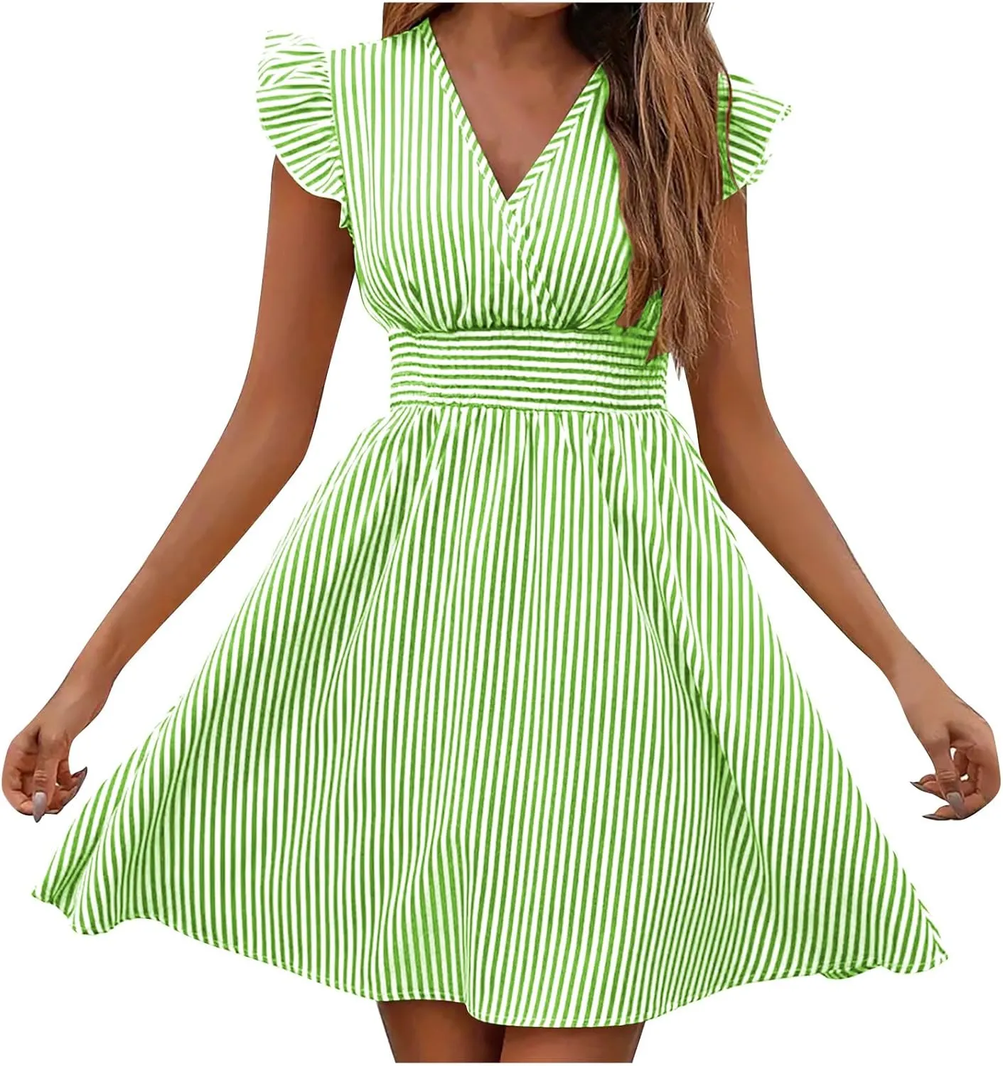 Dresses for Women Summer Loose V Neck Smocked Waist A Line Dress Ruffle Short Sleeve Striped Fashion Short Mini Dress
