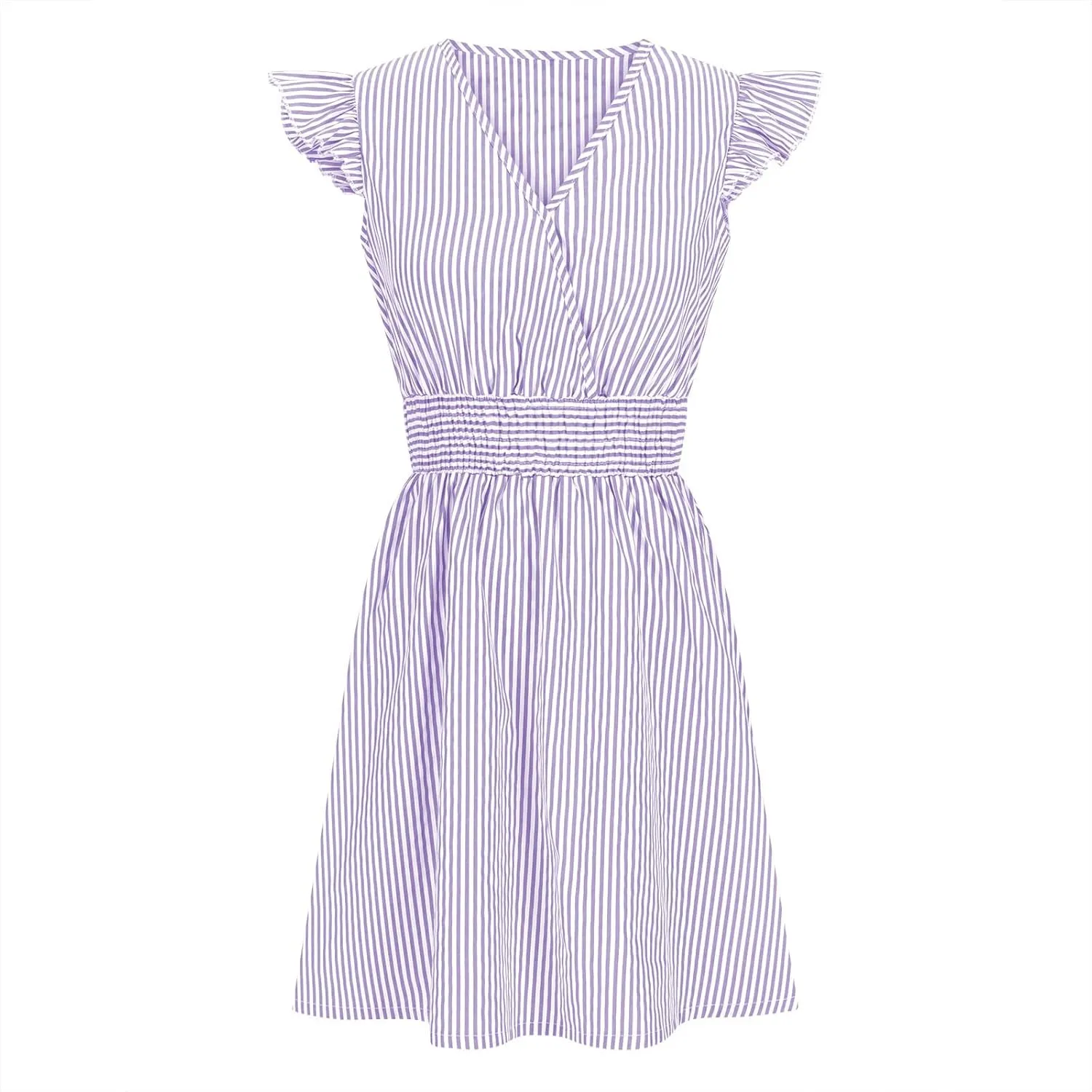 Dresses for Women Summer Loose V Neck Smocked Waist A Line Dress Ruffle Short Sleeve Striped Fashion Short Mini Dress