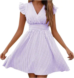 Dresses for Women Summer Loose V Neck Smocked Waist A Line Dress Ruffle Short Sleeve Striped Fashion Short Mini Dress