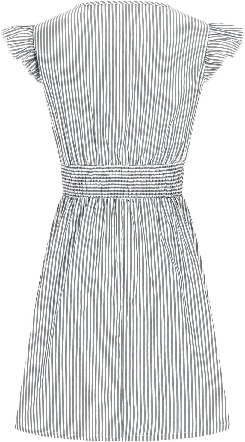 Dresses for Women Summer Loose V Neck Smocked Waist A Line Dress Ruffle Short Sleeve Striped Fashion Short Mini Dress