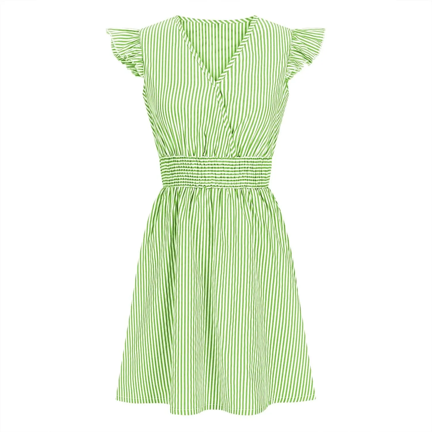 Dresses for Women Summer Loose V Neck Smocked Waist A Line Dress Ruffle Short Sleeve Striped Fashion Short Mini Dress