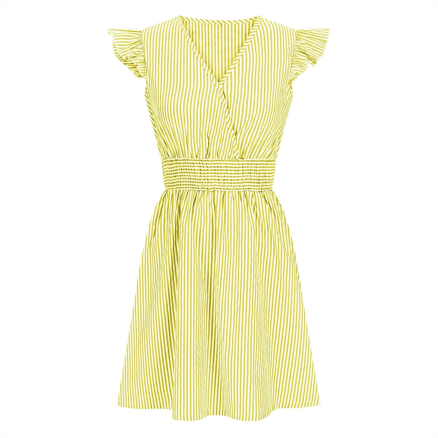 Dresses for Women Summer Loose V Neck Smocked Waist A Line Dress Ruffle Short Sleeve Striped Fashion Short Mini Dress