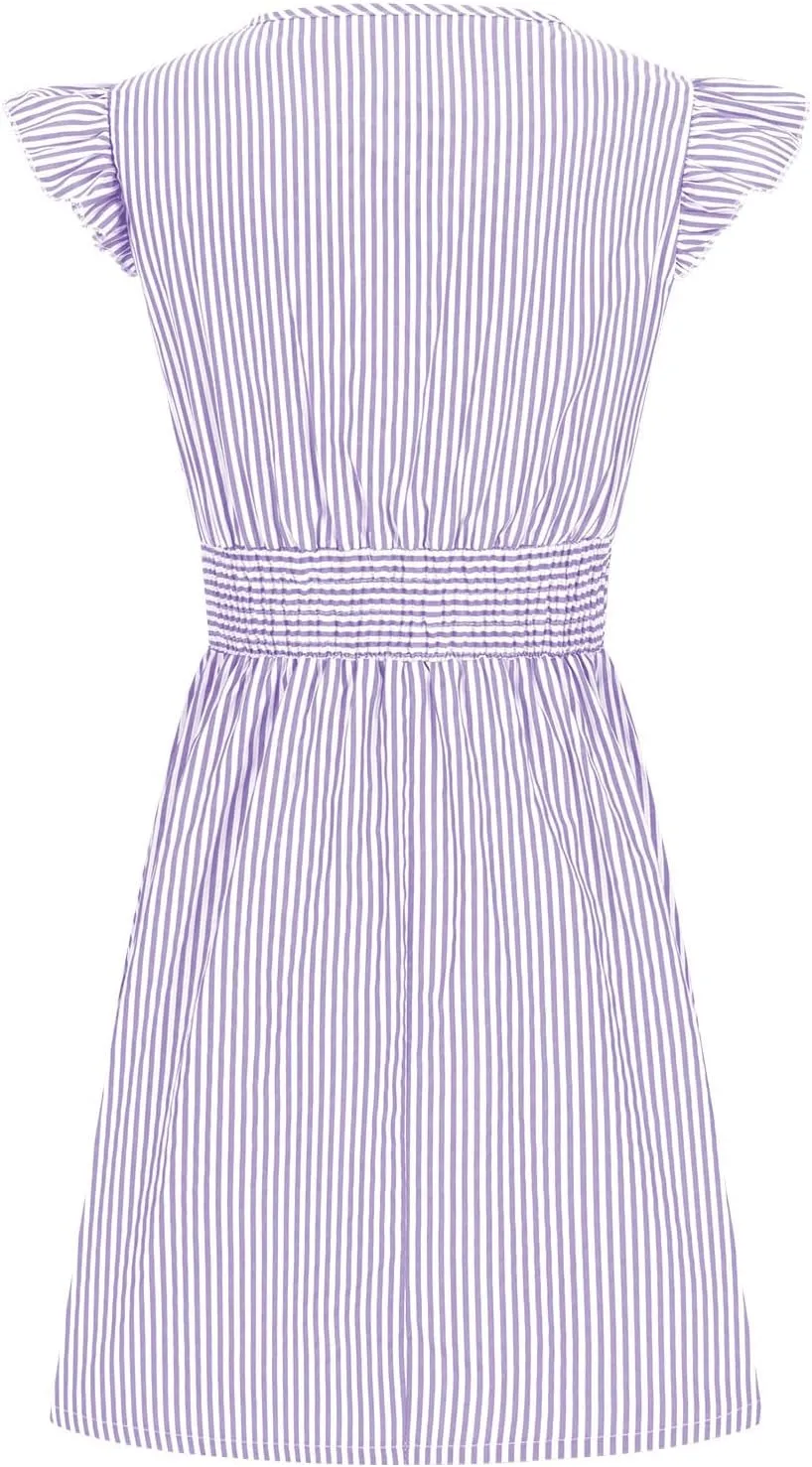 Dresses for Women Summer Loose V Neck Smocked Waist A Line Dress Ruffle Short Sleeve Striped Fashion Short Mini Dress