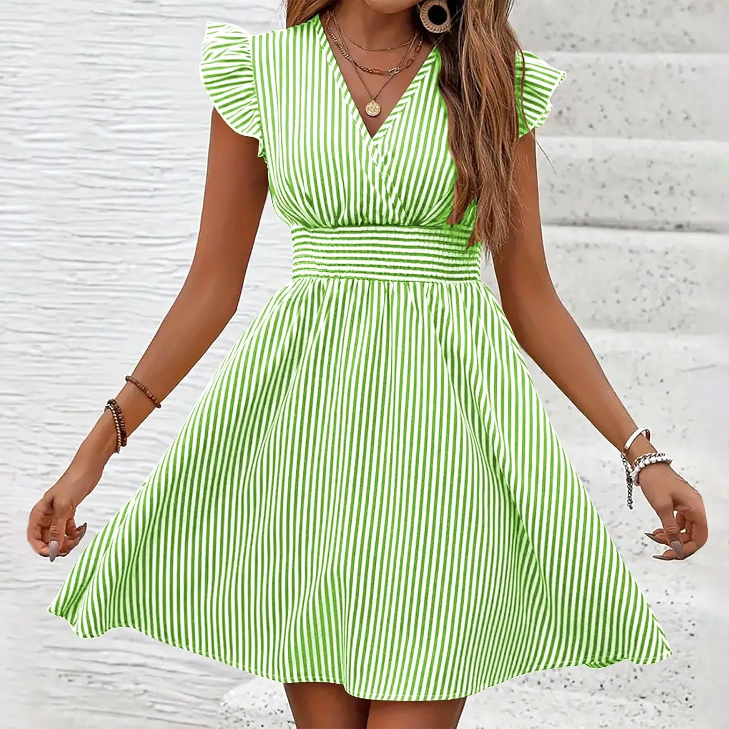 Dresses for Women Summer Loose V Neck Smocked Waist A Line Dress Ruffle Short Sleeve Striped Fashion Short Mini Dress