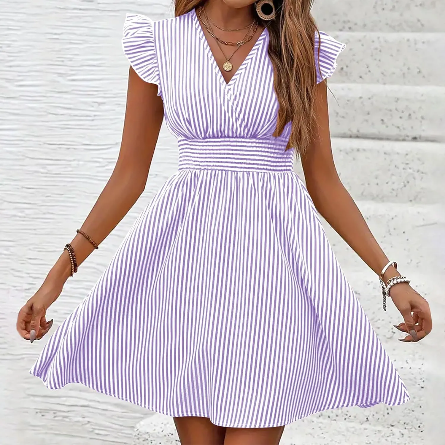 Dresses for Women Summer Loose V Neck Smocked Waist A Line Dress Ruffle Short Sleeve Striped Fashion Short Mini Dress