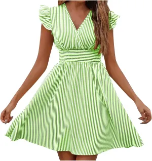 Dresses for Women Summer Loose V Neck Smocked Waist A Line Dress Ruffle Short Sleeve Striped Fashion Short Mini Dress