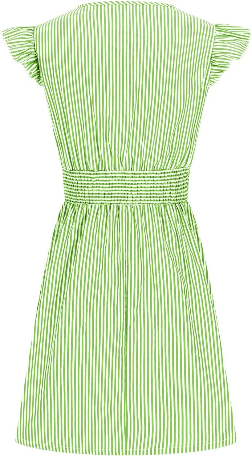 Dresses for Women Summer Loose V Neck Smocked Waist A Line Dress Ruffle Short Sleeve Striped Fashion Short Mini Dress