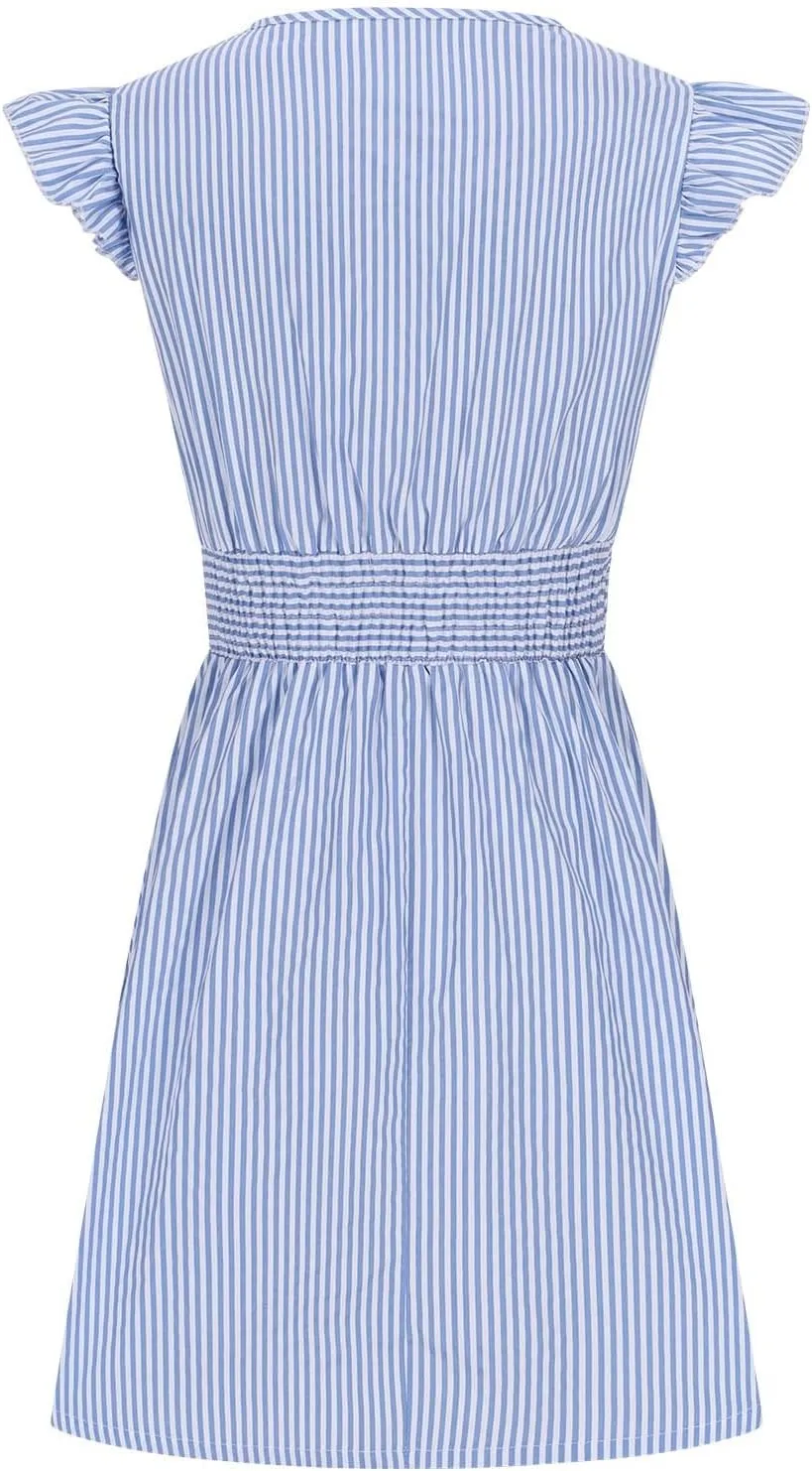 Dresses for Women Summer Loose V Neck Smocked Waist A Line Dress Ruffle Short Sleeve Striped Fashion Short Mini Dress
