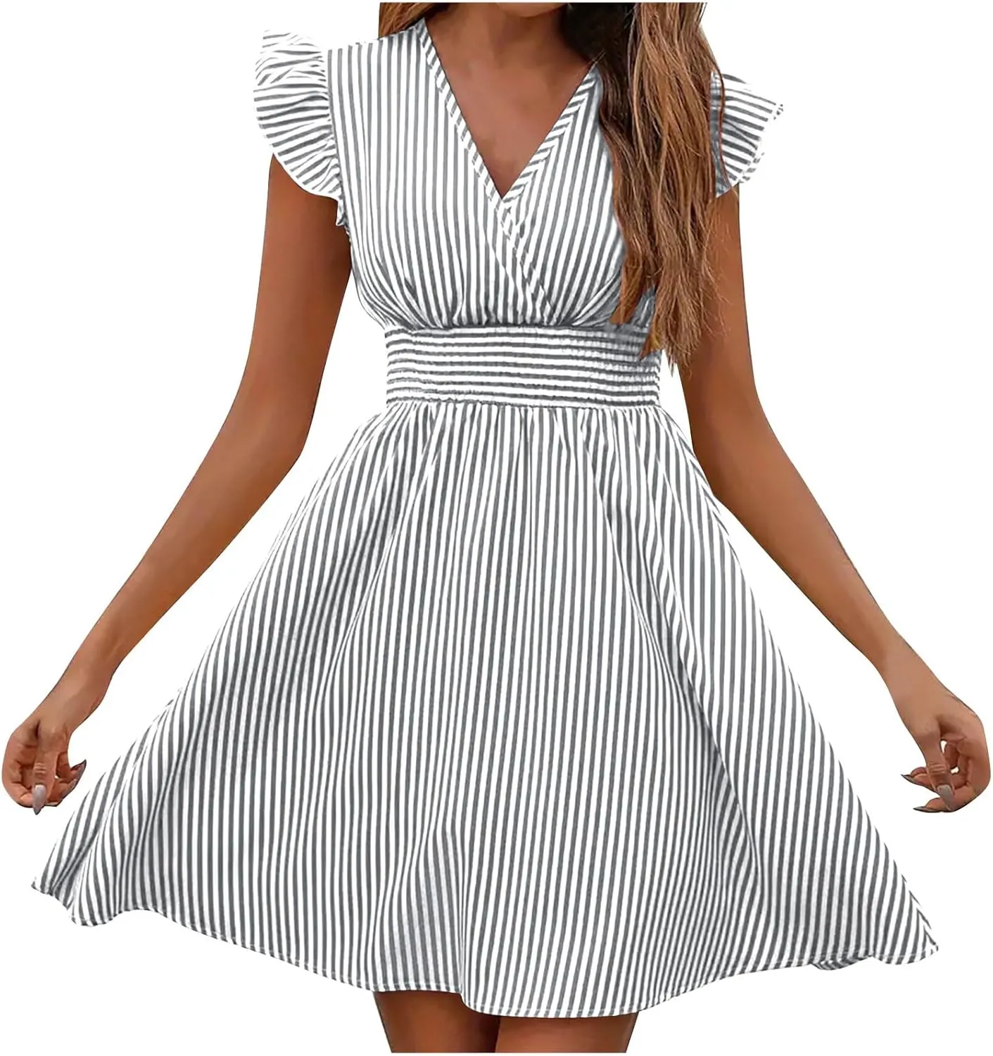 Dresses for Women Summer Loose V Neck Smocked Waist A Line Dress Ruffle Short Sleeve Striped Fashion Short Mini Dress