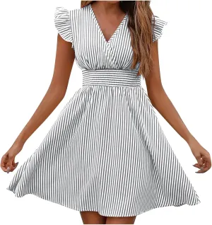 Dresses for Women Summer Loose V Neck Smocked Waist A Line Dress Ruffle Short Sleeve Striped Fashion Short Mini Dress