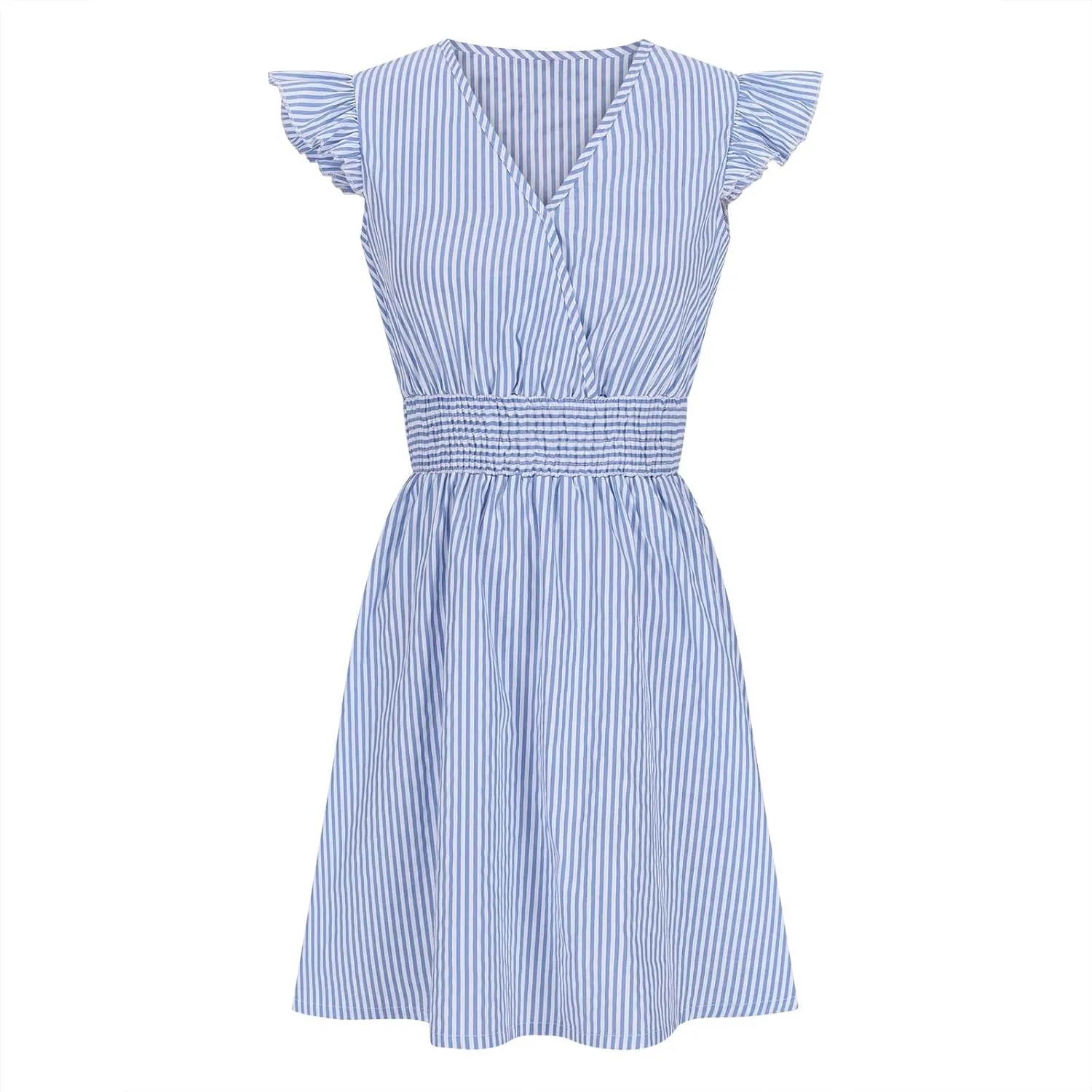 Dresses for Women Summer Loose V Neck Smocked Waist A Line Dress Ruffle Short Sleeve Striped Fashion Short Mini Dress