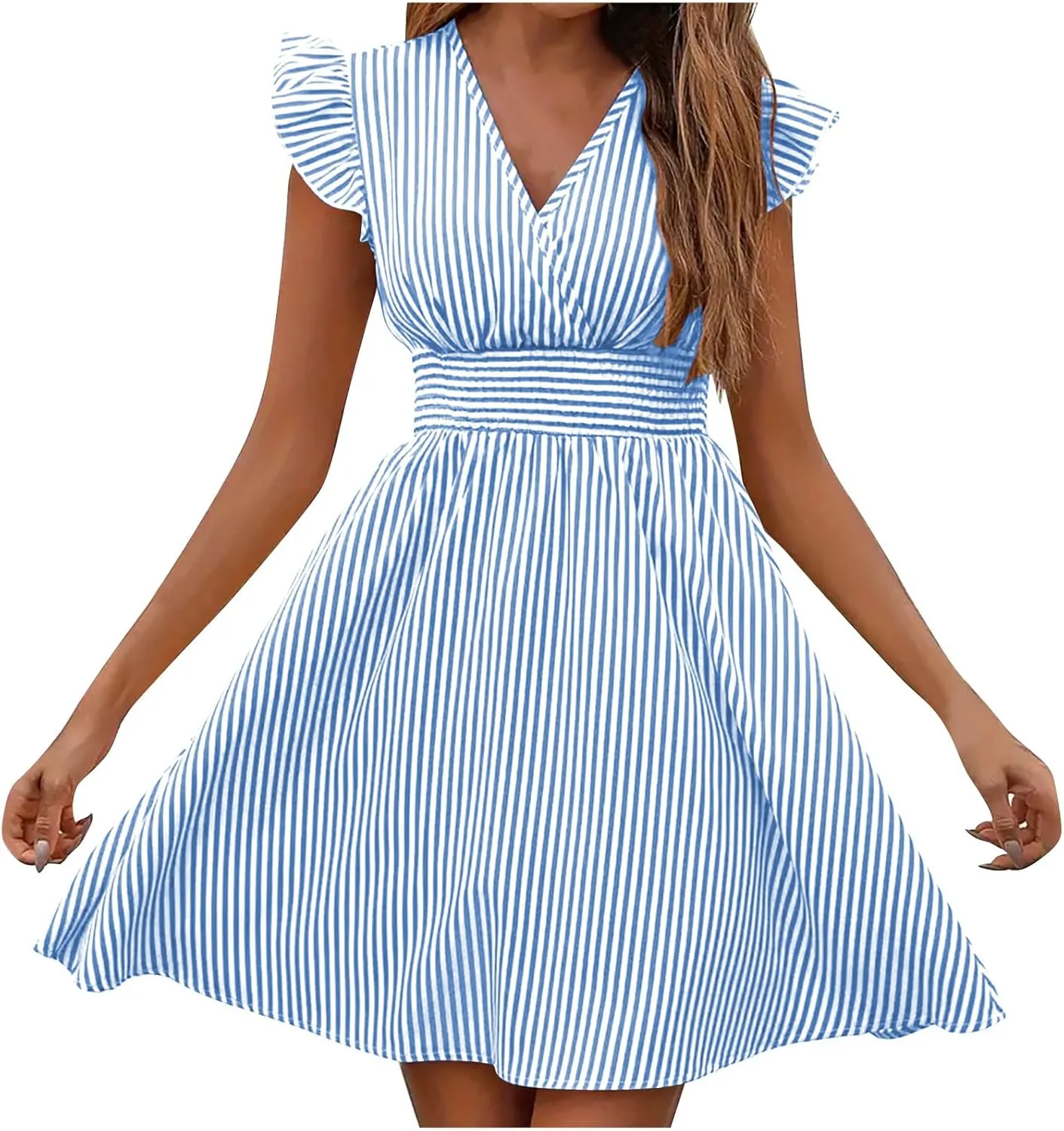 Dresses for Women Summer Loose V Neck Smocked Waist A Line Dress Ruffle Short Sleeve Striped Fashion Short Mini Dress