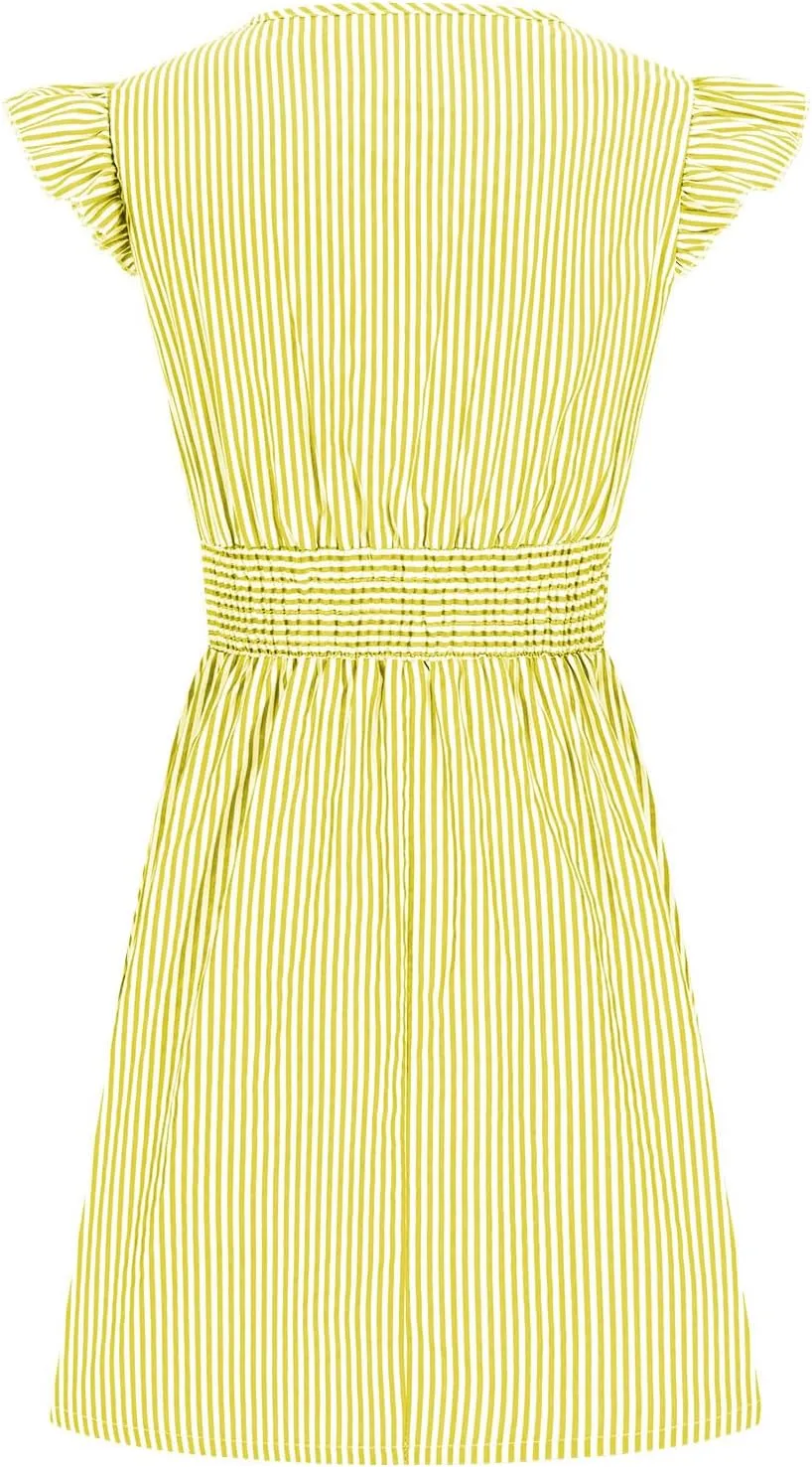 Dresses for Women Summer Loose V Neck Smocked Waist A Line Dress Ruffle Short Sleeve Striped Fashion Short Mini Dress