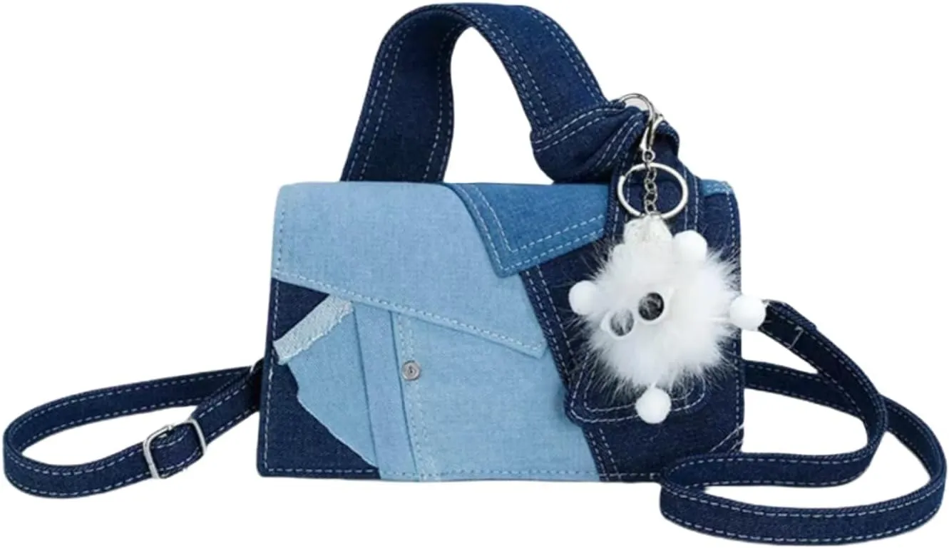 Eiyye Denim Patchwork Handbag Jean Purse Top Handbag Denim Crossbody Bags for women with keychain