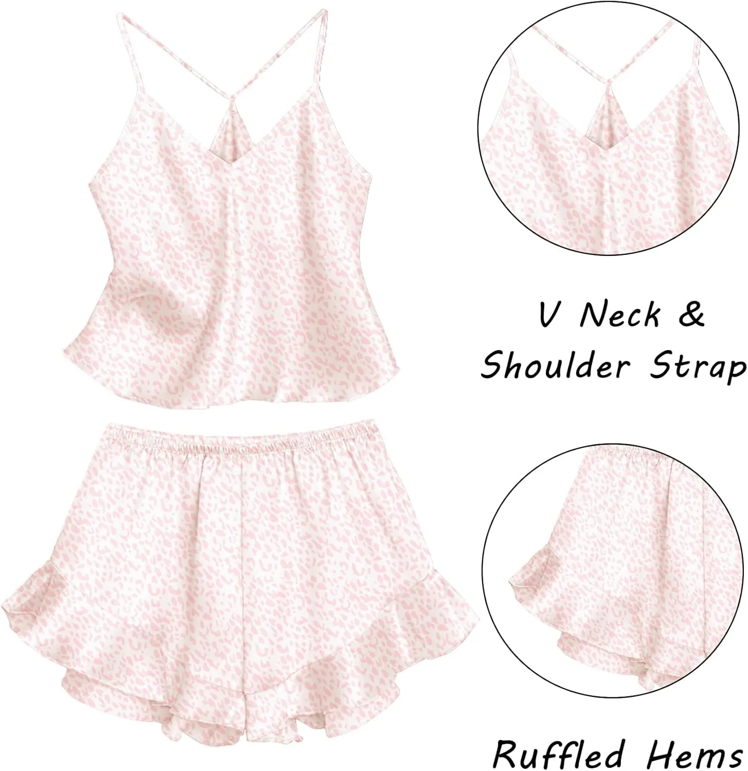 Ekouaer Satin Pajama Set for Women 2 Piece Camisole Top and Shorts Silk Lingerie with Ruffle Floral Nightwear
