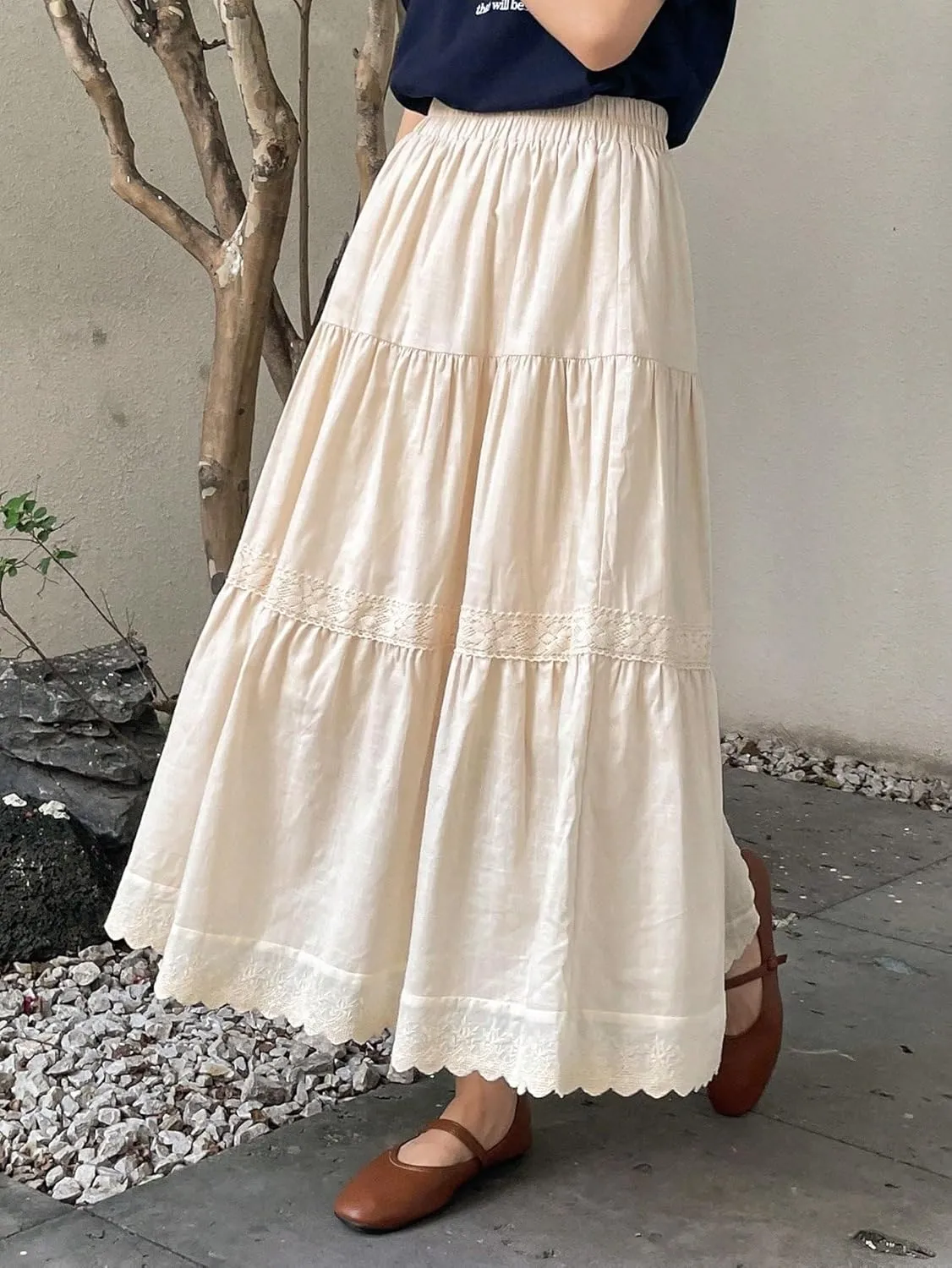 ELDINA Women's 2024 Summer Ruffle Hem Long Skirt Solid Ruffle Hem Skirt