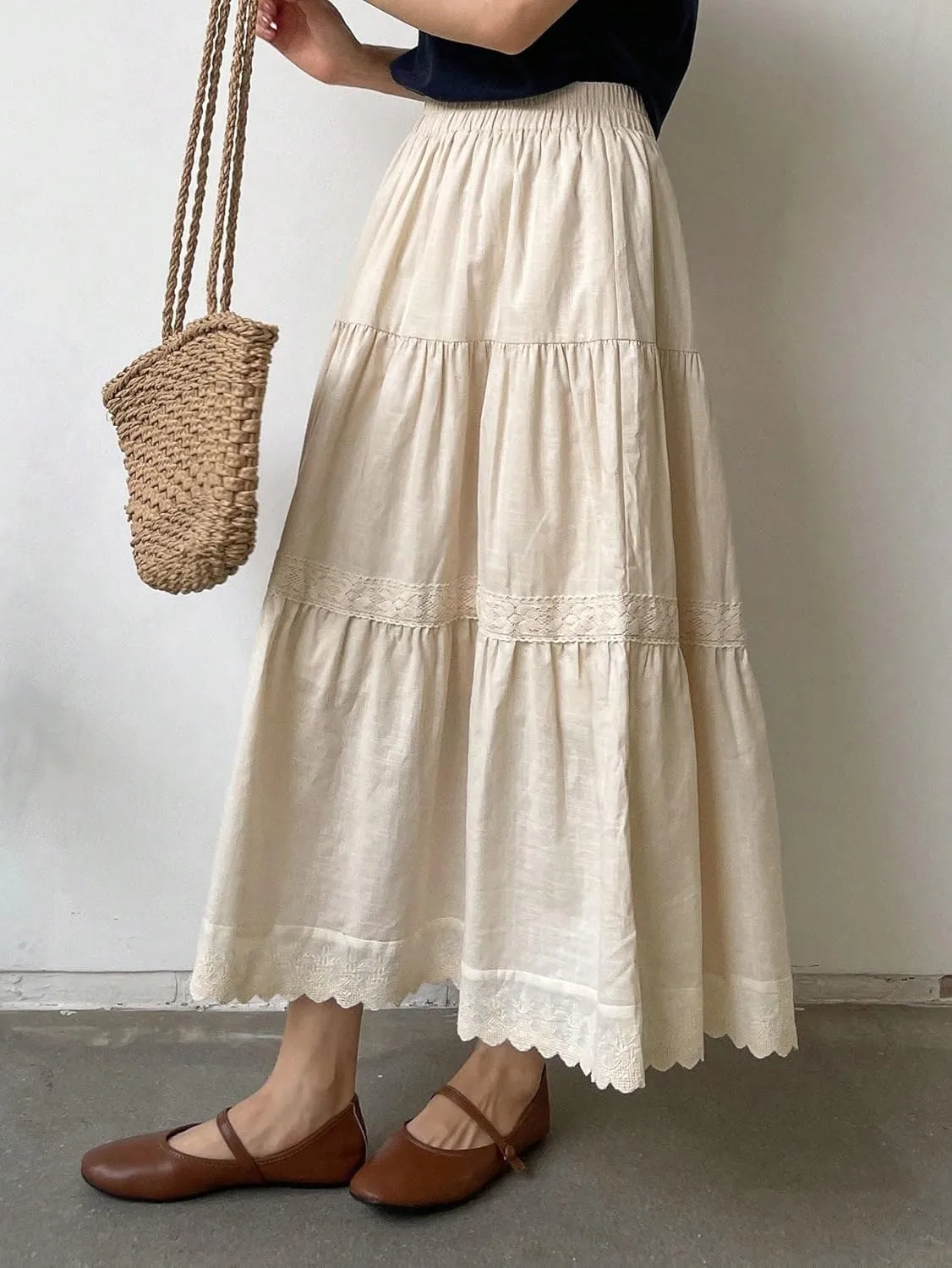 ELDINA Women's 2024 Summer Ruffle Hem Long Skirt Solid Ruffle Hem Skirt