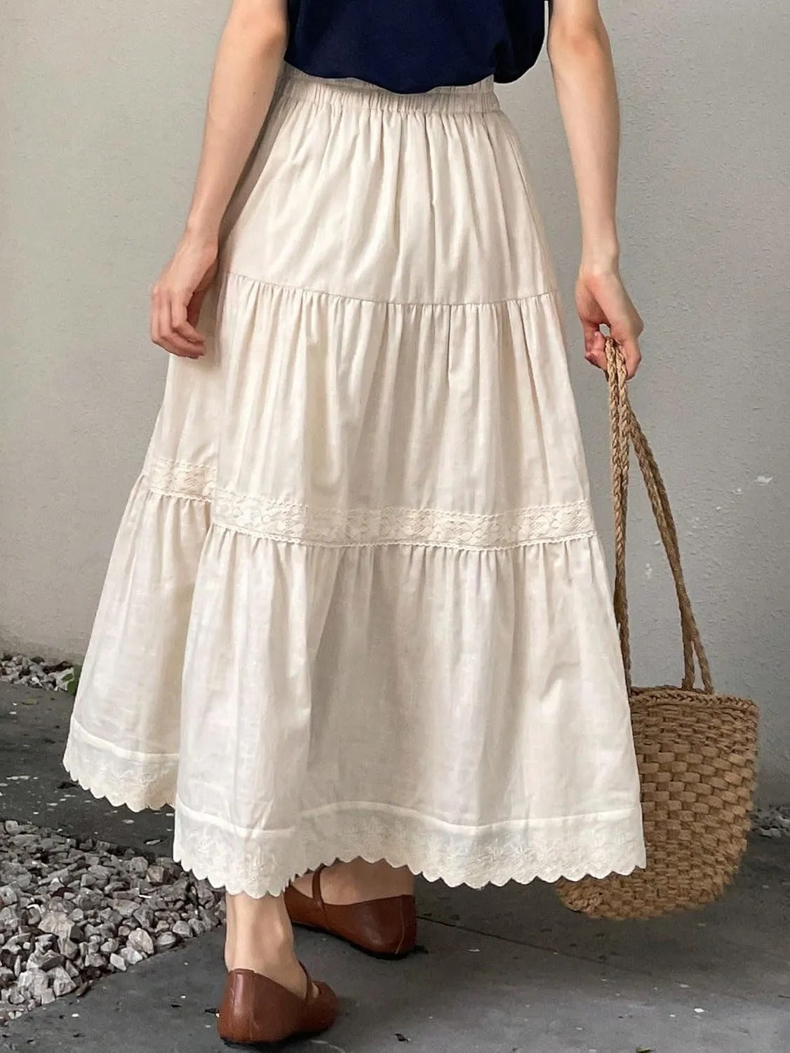 ELDINA Women's 2024 Summer Ruffle Hem Long Skirt Solid Ruffle Hem Skirt