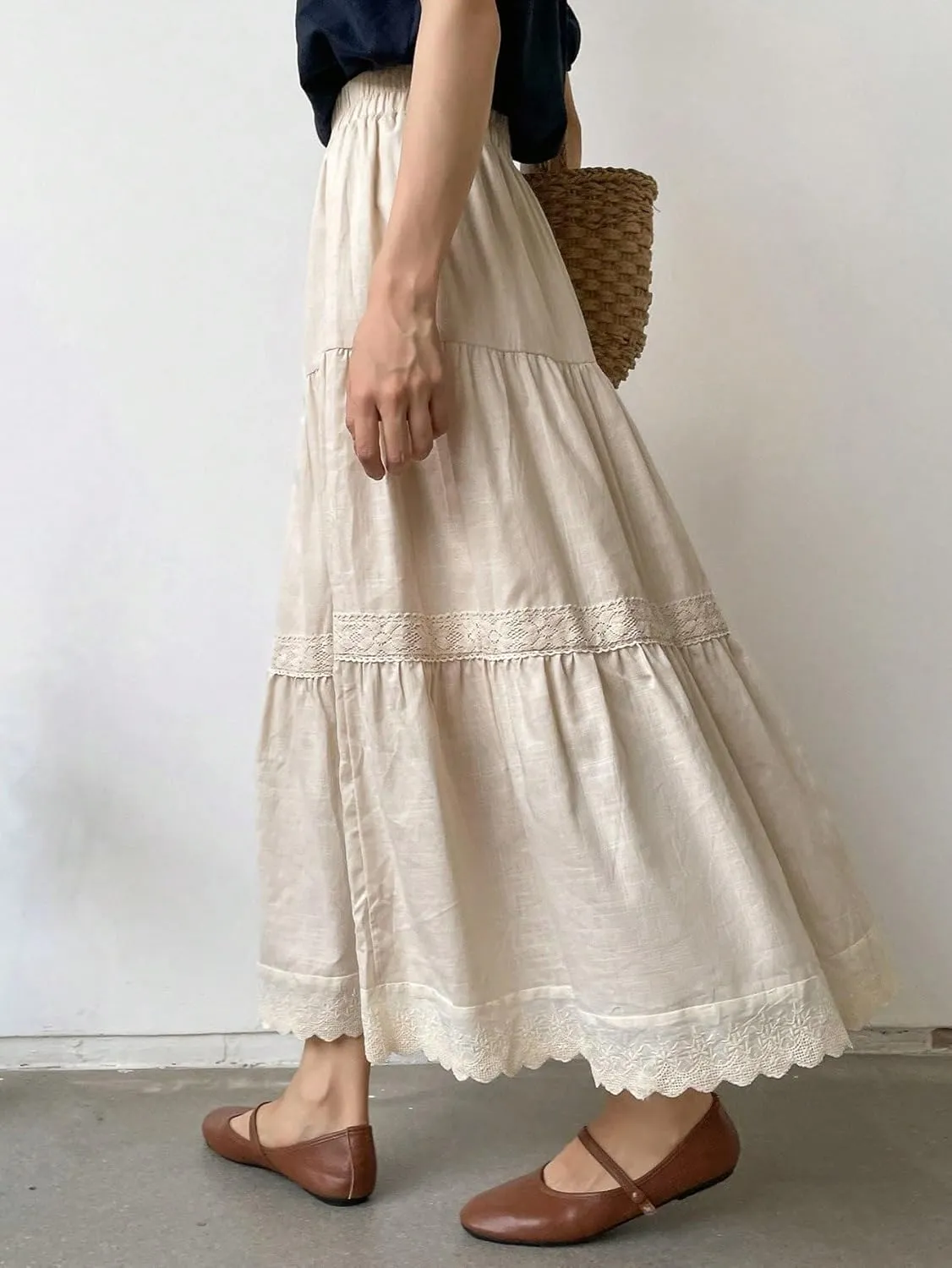 ELDINA Women's 2024 Summer Ruffle Hem Long Skirt Solid Ruffle Hem Skirt