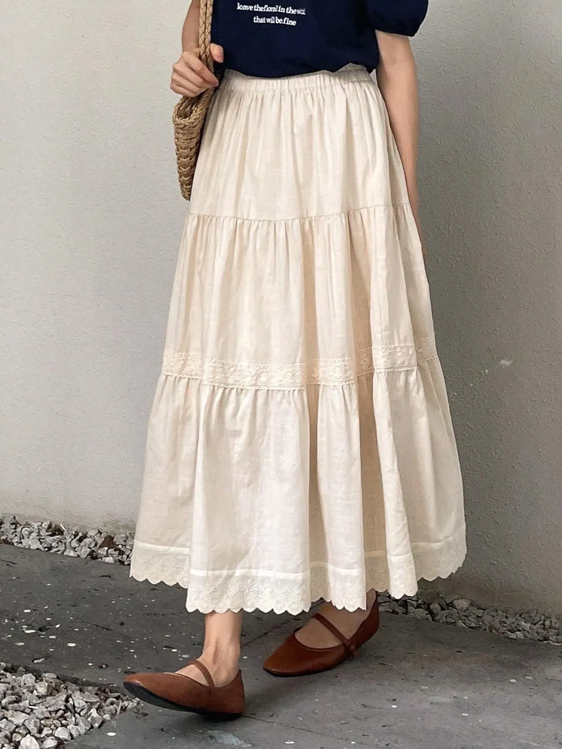 ELDINA Women's 2024 Summer Ruffle Hem Long Skirt Solid Ruffle Hem Skirt
