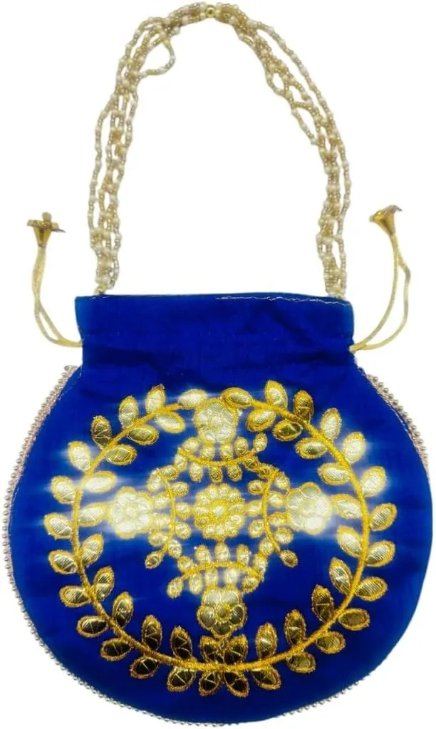 Elegant Embroidered Potli Bag - Traditional Handmade Silk Purse with Golden Beads & Drawstring