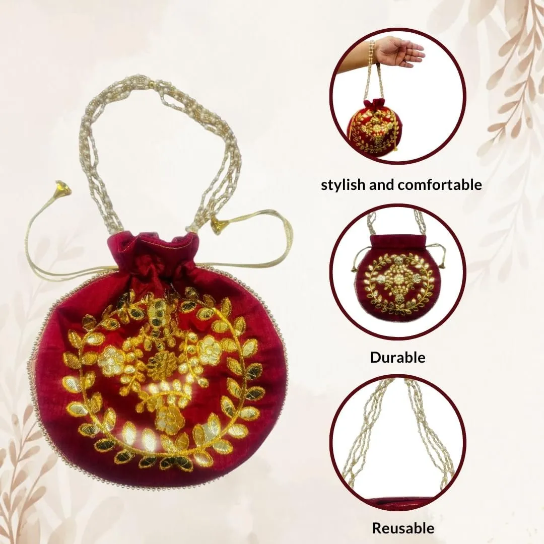 Elegant Embroidered Potli Bag - Traditional Handmade Silk Purse with Golden Beads & Drawstring